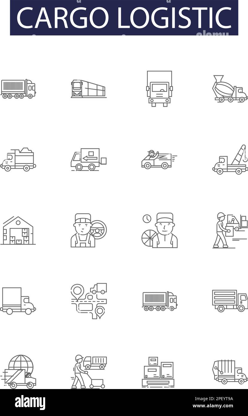 Linee logistiche di carico icone e segnaletica vettoriale. Logistica, spedizione, consegna, monitoraggio, trasporto, Gestione, immagazzinamento, vettore di contorno del contenitore Illustrazione Vettoriale