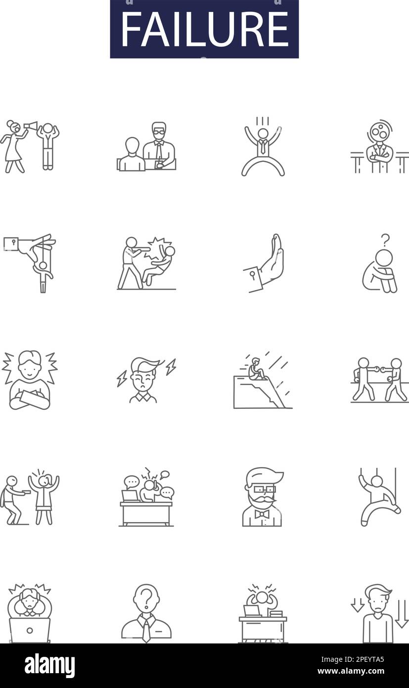 Icone e segni del vettore della linea di errore. Sconfitta, errore, Setback, flop, rifiuto, Botch, Fizzle, set di illustrazioni vettoriali con contorno di difetti Illustrazione Vettoriale