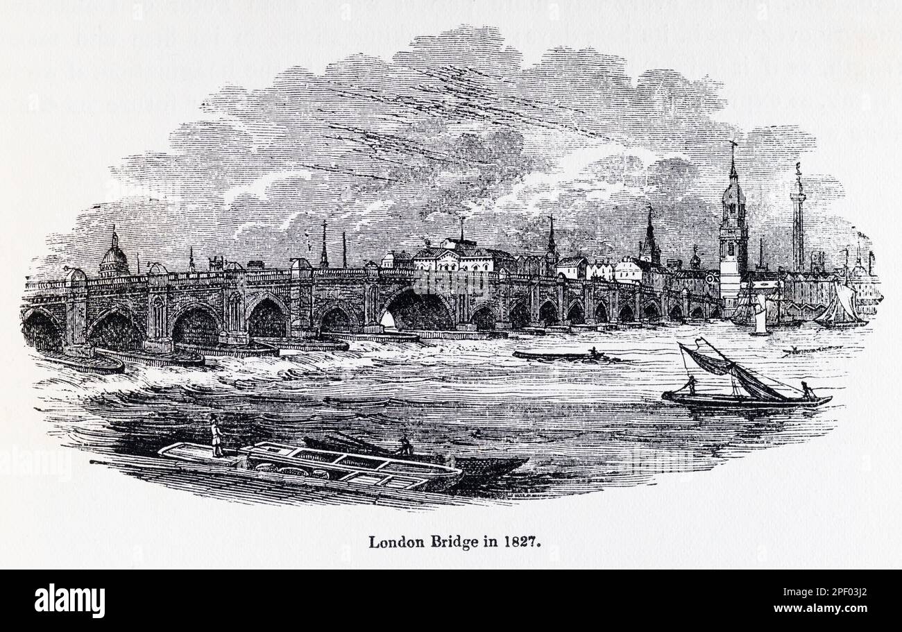 Incisione del 19th° secolo del London Bridge nel 1827. Foto Stock