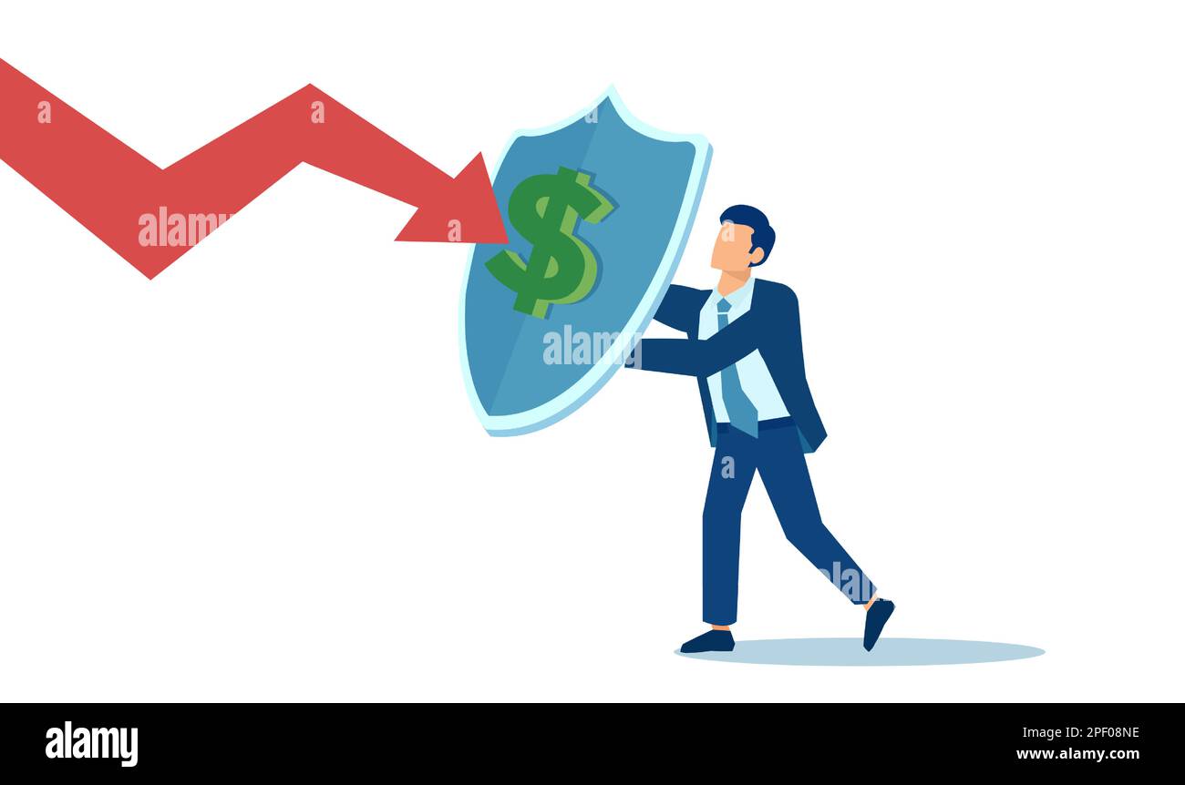 Vettore di un uomo d'affari con uno scudo con un simbolo del dollaro che si protegge dai periodi economici difficili Illustrazione Vettoriale