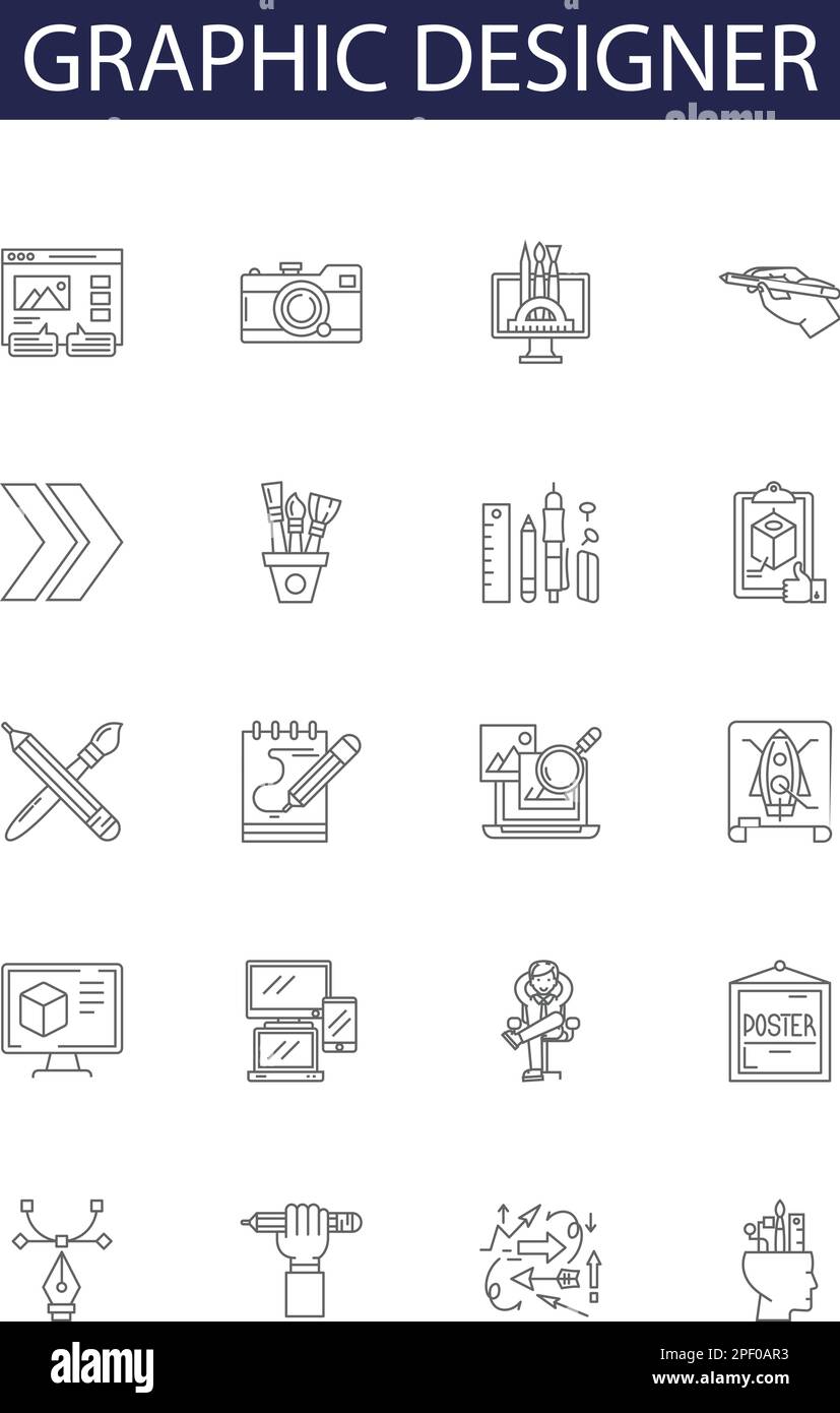 Icone e segni vettoriali a linee per grafici. Designer, Visual, Artist, Layout, Branding, Logo, Creative, comunicazione illustrazione vettoriale di contorno Illustrazione Vettoriale