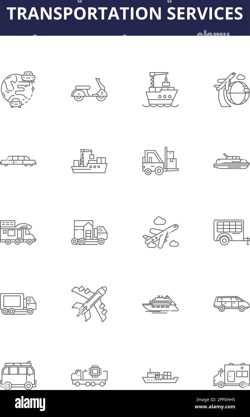 Servizi di trasporto linee vettoriali icone e segni. Treni, barche, aerei, taxi, autobus, Furgoni, Rideshare, Set di illustrazioni vettoriali per il contorno del Ciclismo Illustrazione Vettoriale