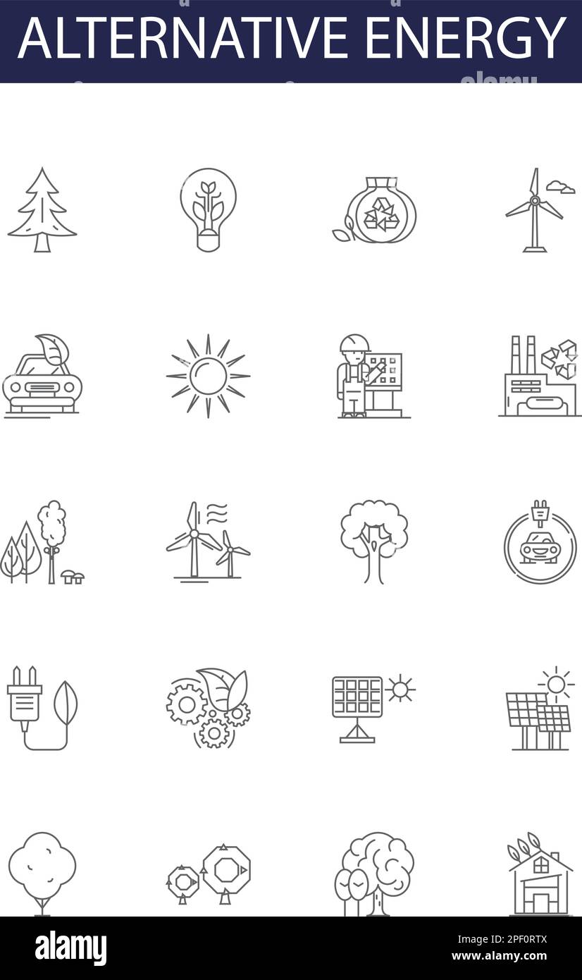 Icone e segnali vettoriali per linee di energia alternativa. Solare, Vento, idro, geotermico, biomassa, Set di illustrazioni vettoriali Nuclear, Tidal, Ocean Outline Illustrazione Vettoriale