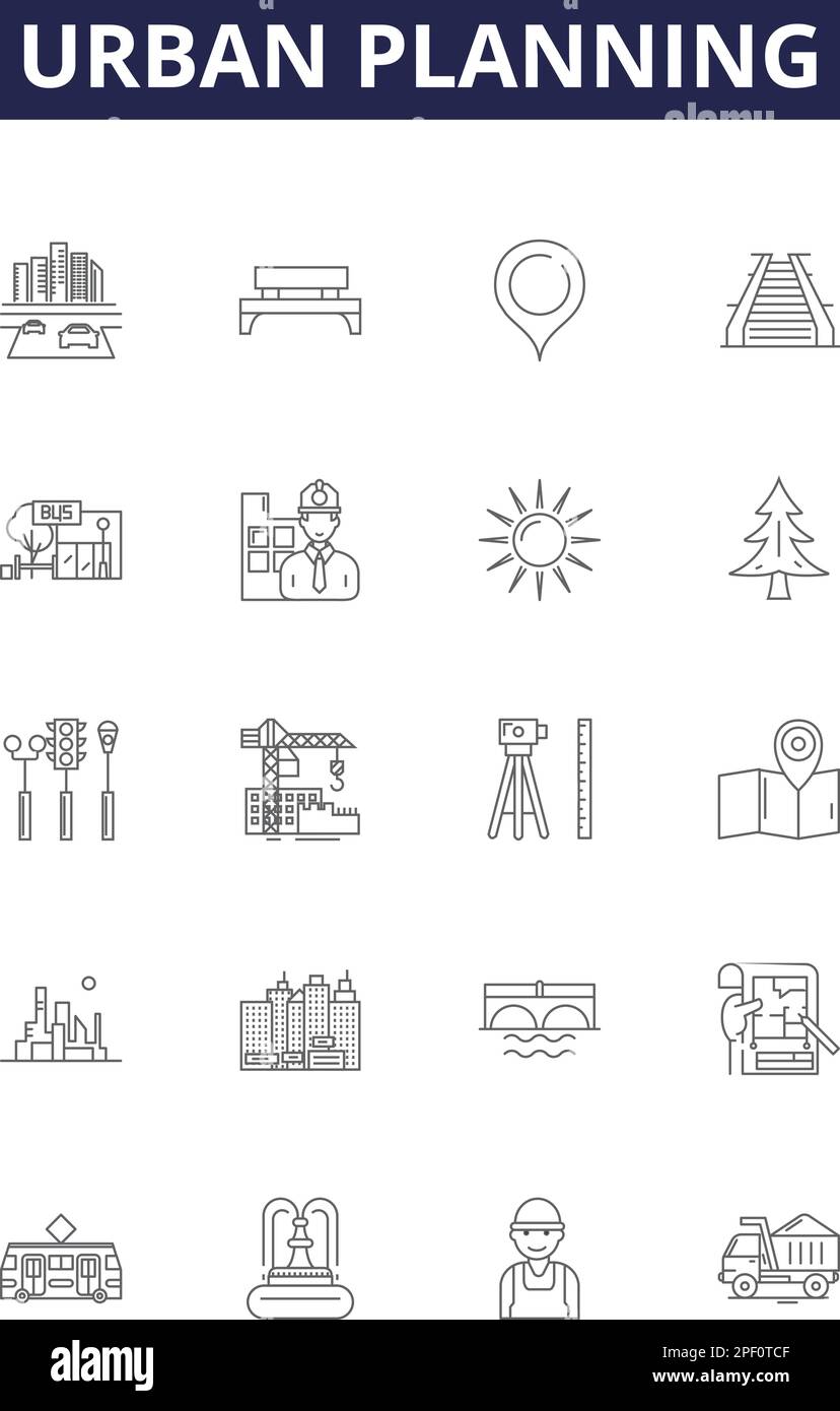 Icone e segni vettoriali per linee di pianificazione urbana. urbano, design, progetto, città, architettura, piano, concetto, insieme di illustrazione vettoriale di contorno della città Illustrazione Vettoriale