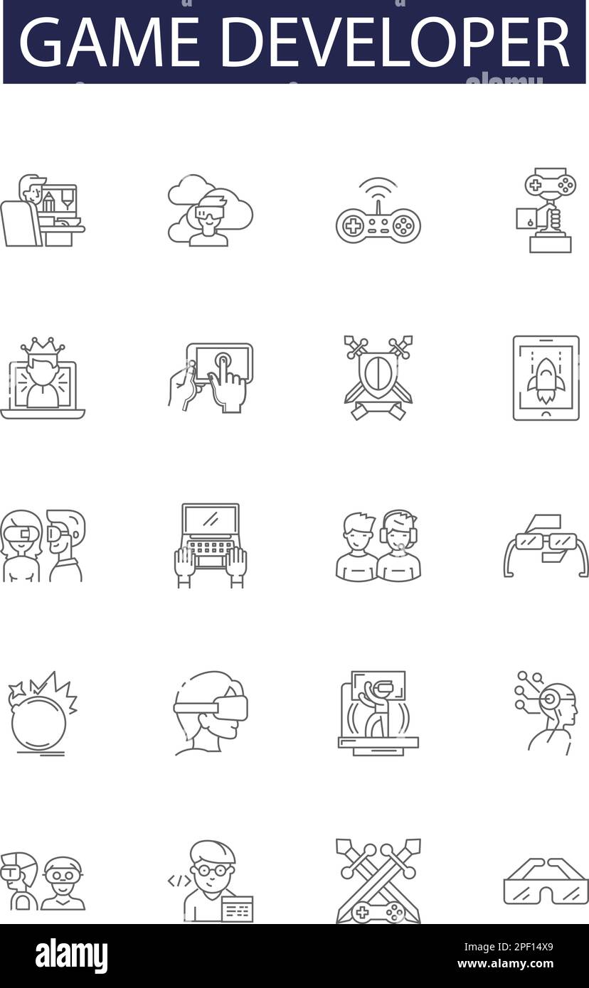 Icone e segni vettoriali per gli sviluppatori di giochi. Sviluppatore, programmatore, codificatore, progettista, animatore, Artista, scrittore, concetto contorno vettoriale set di illustrazione Illustrazione Vettoriale
