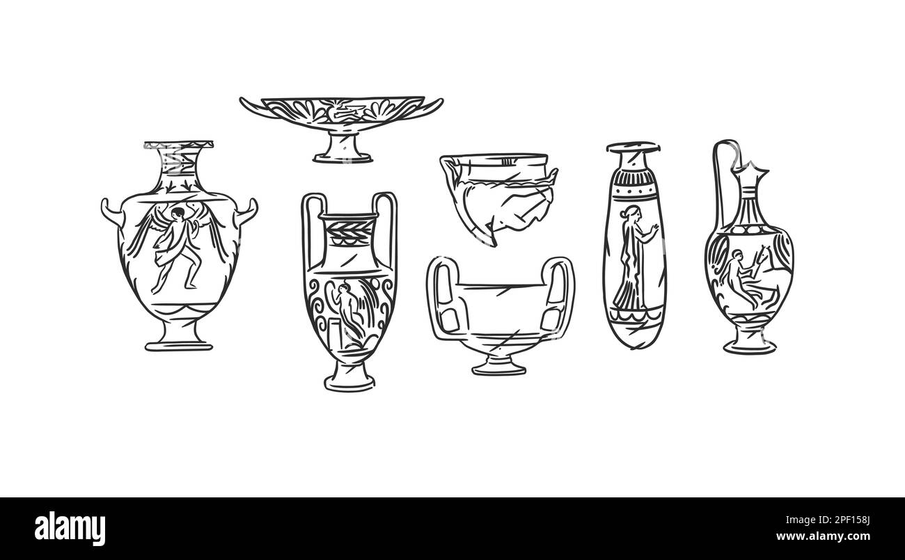 Disegno a mano vettoriale astratto contorno, grafica, arte contemporanea greco scultura antica ols vaso linea disegno moderno set.antico classico antico vaso in Illustrazione Vettoriale
