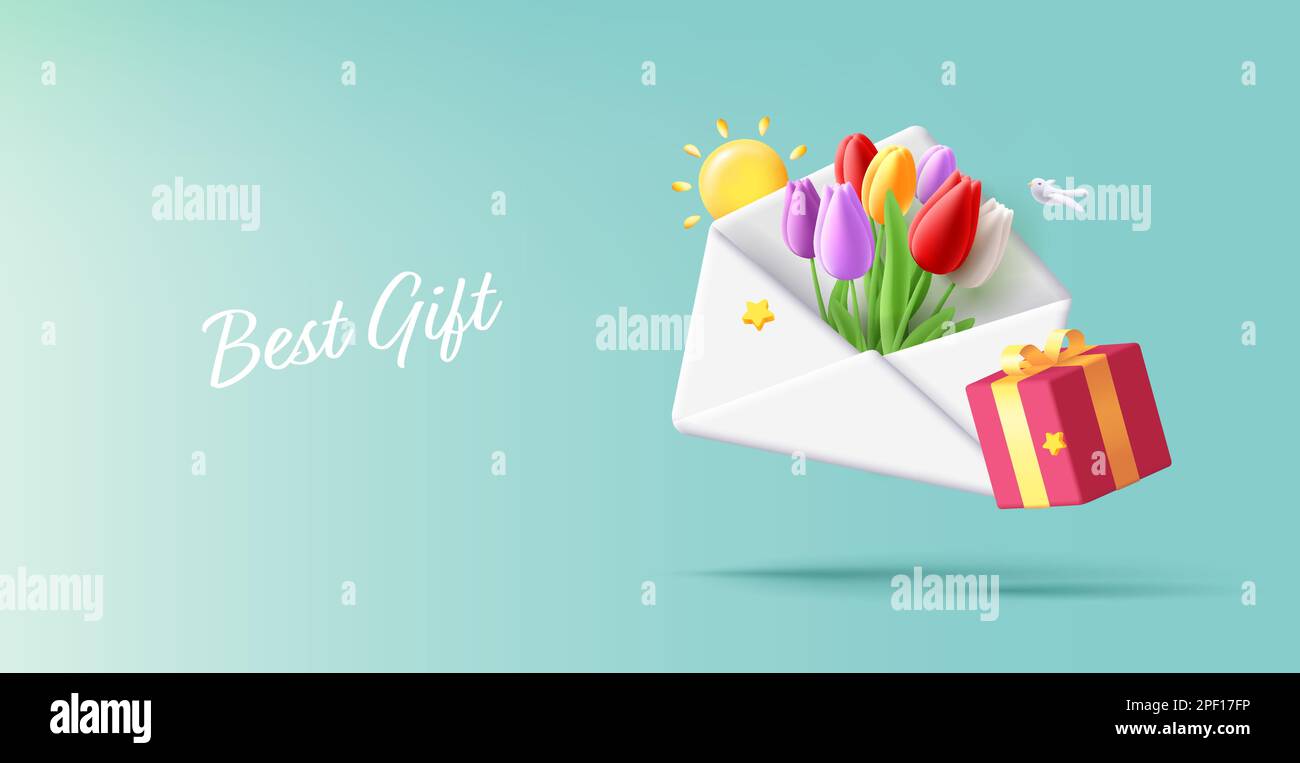 Cartolina di primavera con 3D grande busta bianca con bouquet di tulipani all'interno e scatola regalo, sole e uccello intorno ad esso, rendere digitale fresca composizione Illustrazione Vettoriale