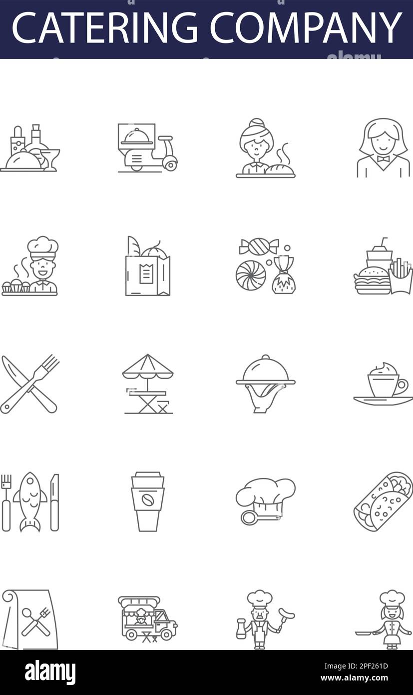 Linee di icone e cartelli vettoriali per aziende di catering. Azienda, cibo, servizio, chef, evento, Cucina, banchetto, consegna contorno vettoriale set di illustrazione Illustrazione Vettoriale