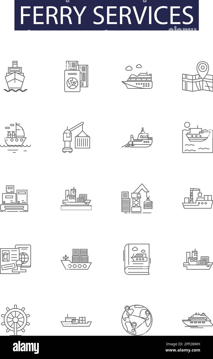 Icone e cartelli vettoriali per i servizi di traghetto. Servizi, Barche, Barche, trasporto, Crociere, Set di illustrazioni vettoriali per linee marittime, veliche e marittime Illustrazione Vettoriale