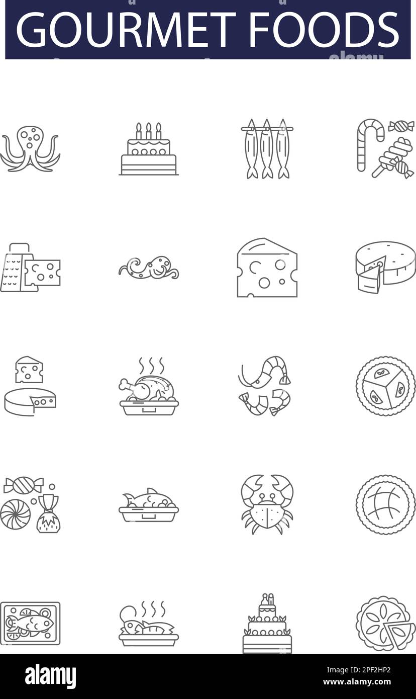 Gli alimenti gourmet linea icone vettoriali e segni. alimenti, biologici, esotici, culinari, freschi, illustrazione vettoriale di contorno di lusso, premium e reperibile in modo sostenibile Illustrazione Vettoriale