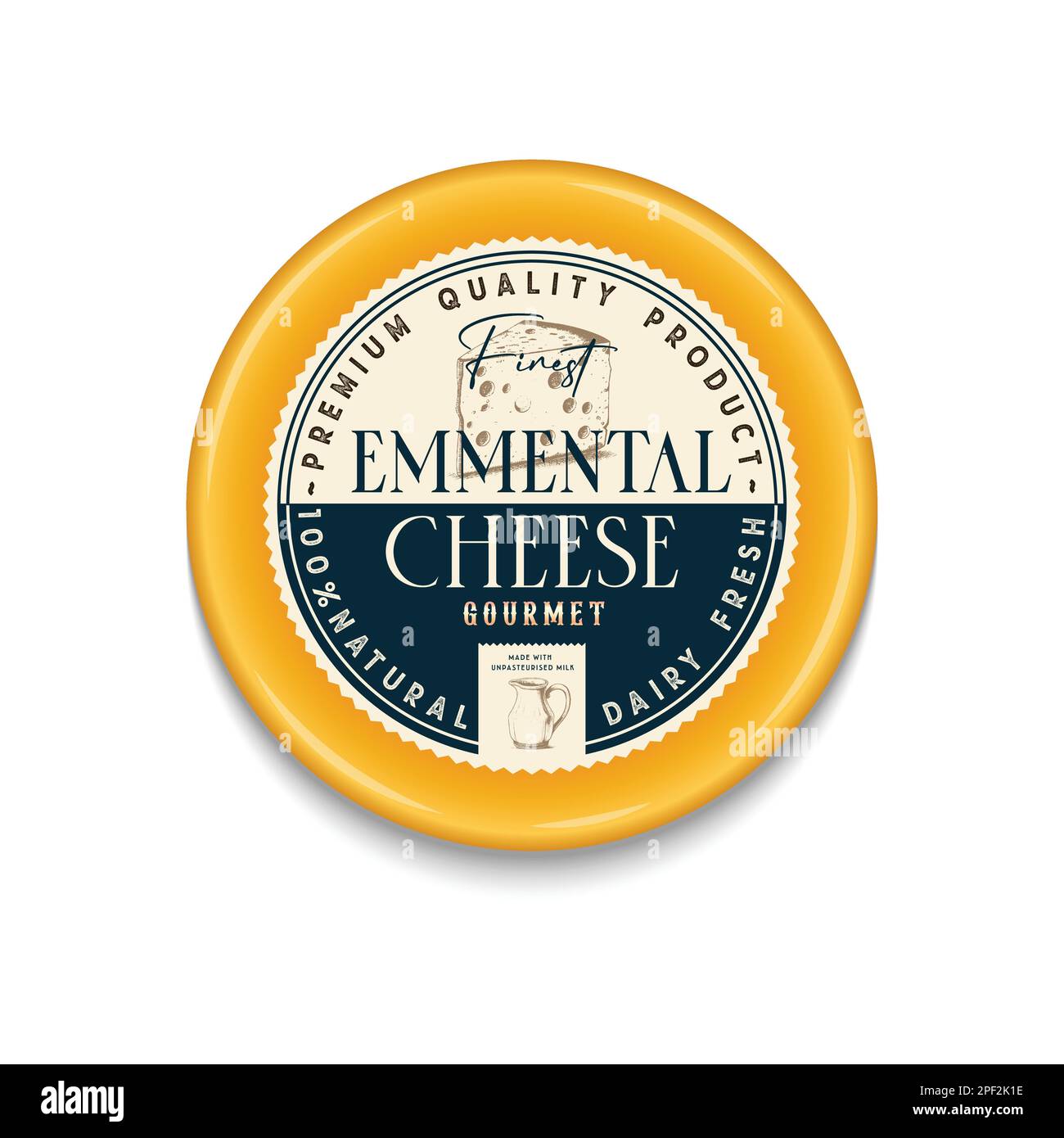 Vector Emmental cheese vintage etichetta rotonda e modello di confezionamento, icone dettagliate formaggio. Illustrazione dei prodotti lattiero-caseari per caseifici, confezioni e. Illustrazione Vettoriale