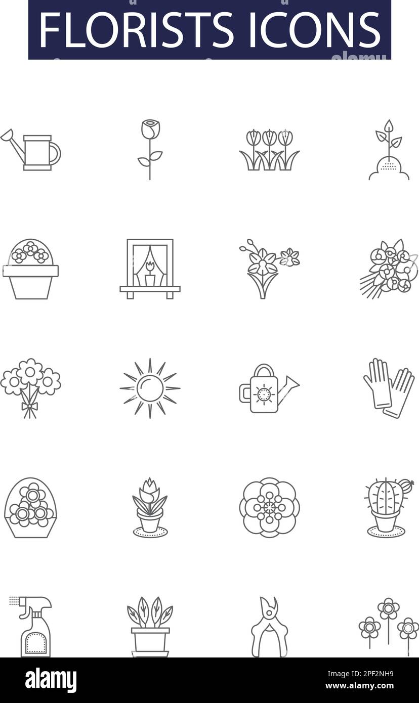 Icone fioristi linee icone vettoriali e segni. Icone, Bouquets, vasi, rose, margherite, Artificiale, Succulents, Bouquet contorno vettoriale set di illustrazione Illustrazione Vettoriale