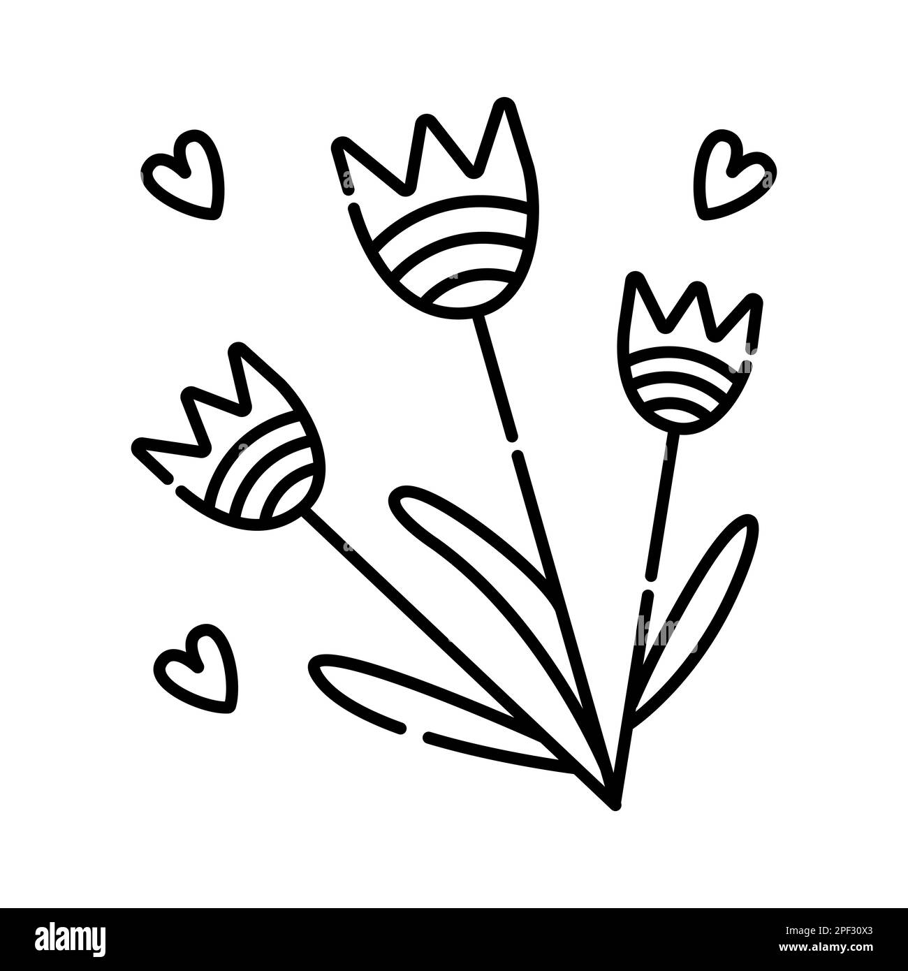 Tre tulipani, illustrazione vettoriale con linea nera Illustrazione Vettoriale