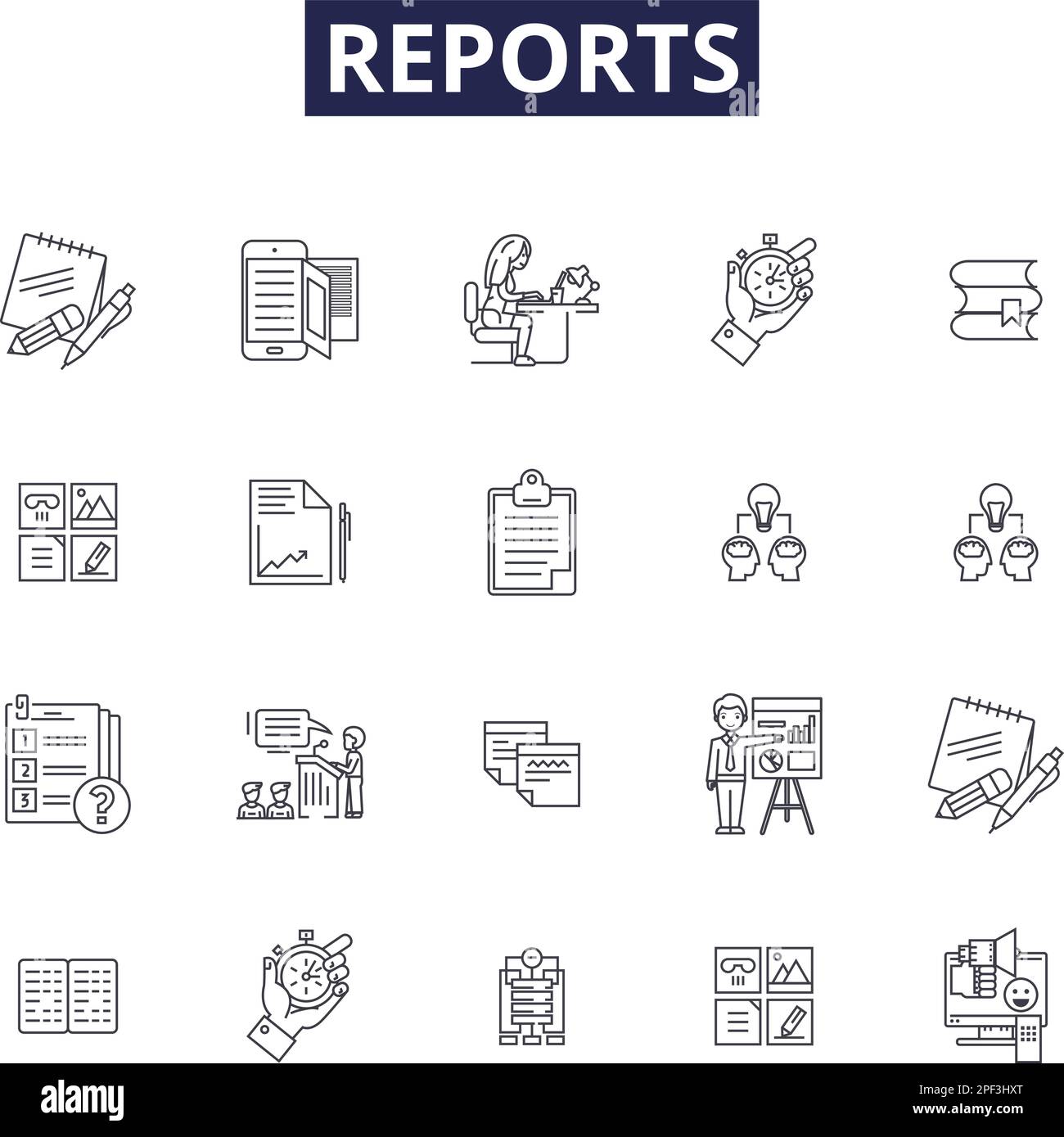 Riporta icone e segni del vettore di linee. Audit, riepiloghi, revisioni, dati, sondaggi, Statistiche, indagini, insieme di illustrazioni vettoriali per contorni metriche Illustrazione Vettoriale