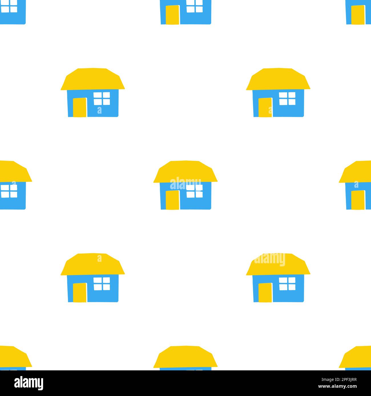 Motivo senza cuciture con case di illustrazione di colore blu e giallo in stile di taglio su colore bianco Illustrazione Vettoriale