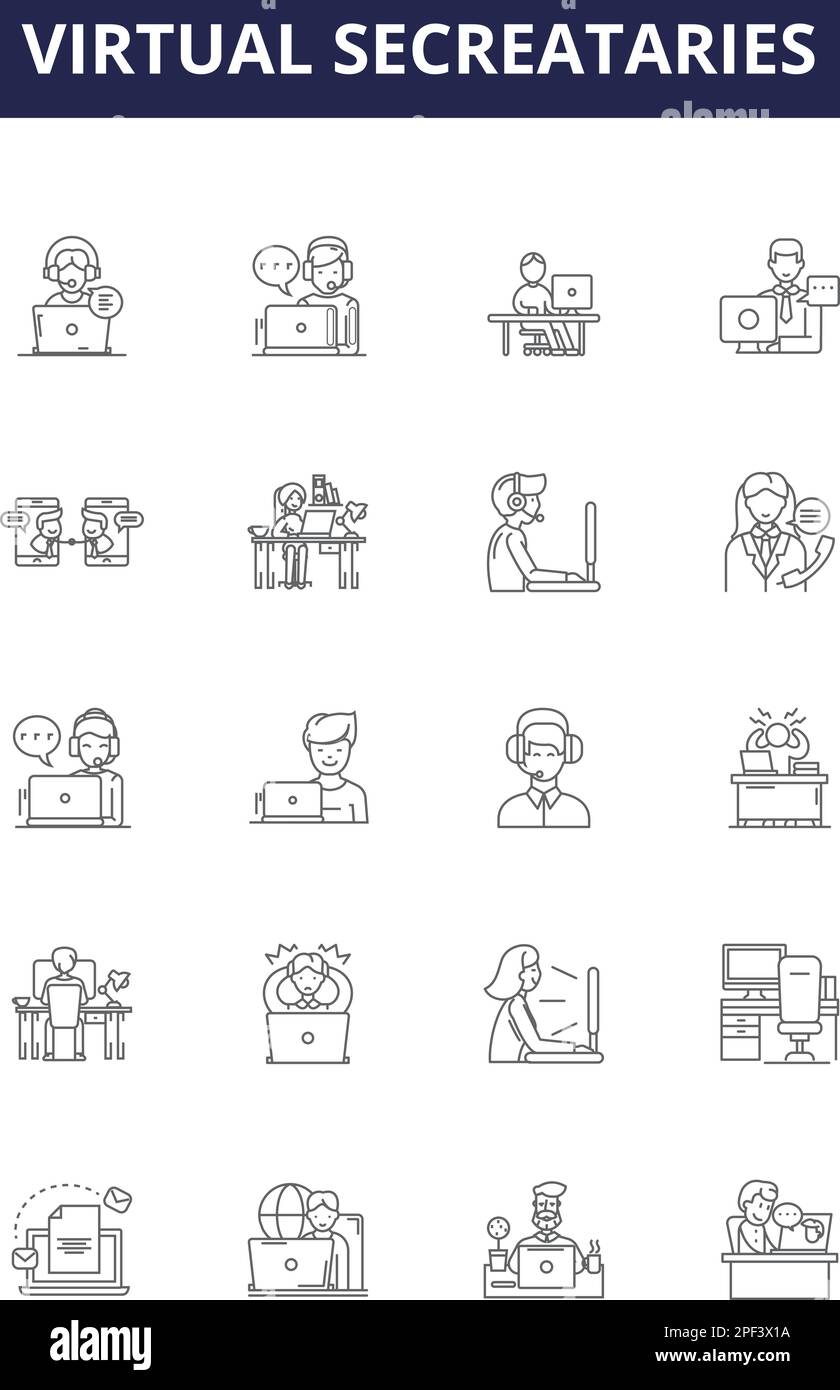 Icone e segni vettoriali di linee per i secretatori virtuali. Segretari, assistenti virtuali, supporto virtuale, lavoratori virtuali, assistenti online, Digitale Illustrazione Vettoriale