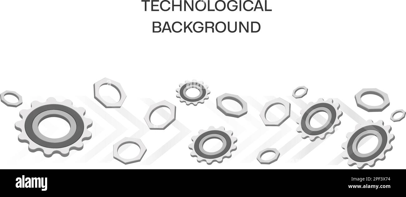 Brillante sfondo tecnologico metallico con ingranaggi, ingranaggi, dadi ed elementi tecnologici Illustrazione Vettoriale