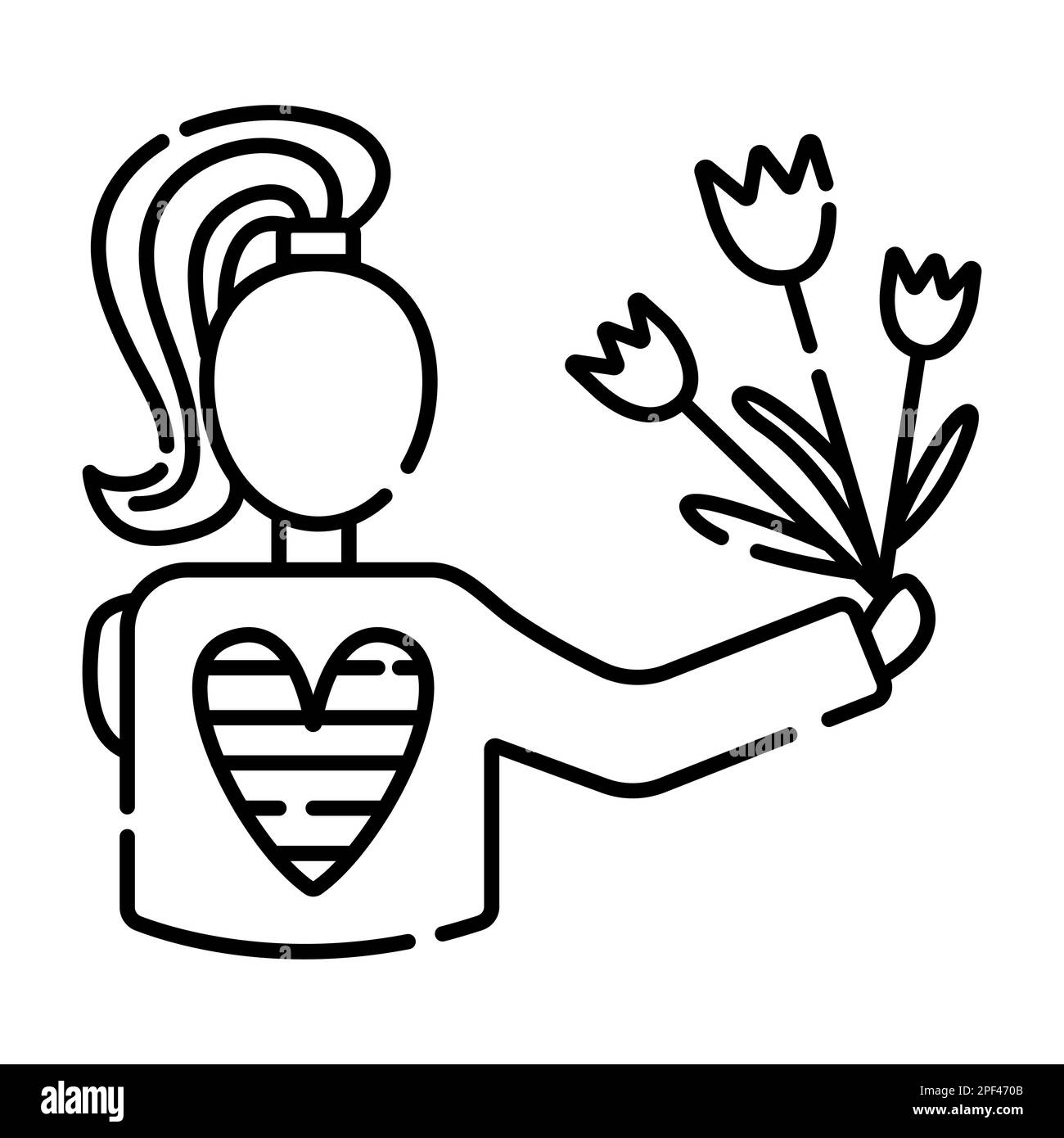 Donna con fiori, disegno vettoriale a linee nere Illustrazione Vettoriale