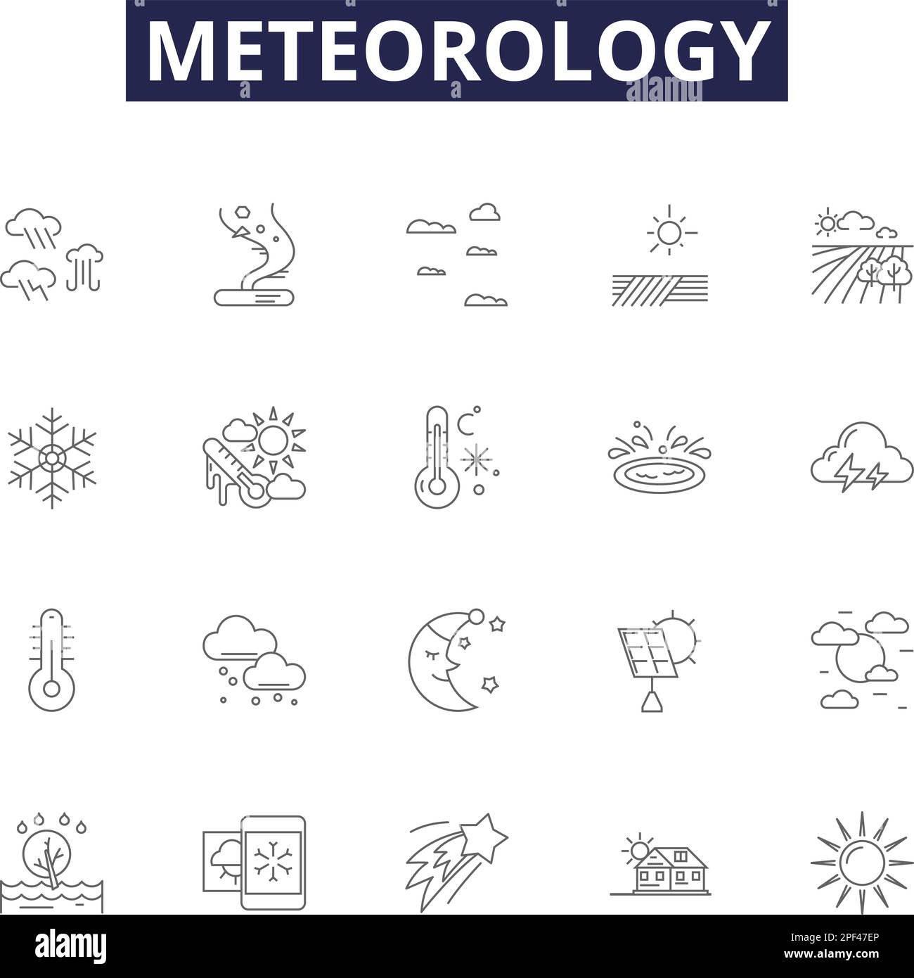 Icone e segni vettoriali per linee di meteorologia. Clima, Meteorologia, tempo, nuvole, evaporazione, Set di illustrazioni vettoriali per precipitazioni, aria, vento Illustrazione Vettoriale