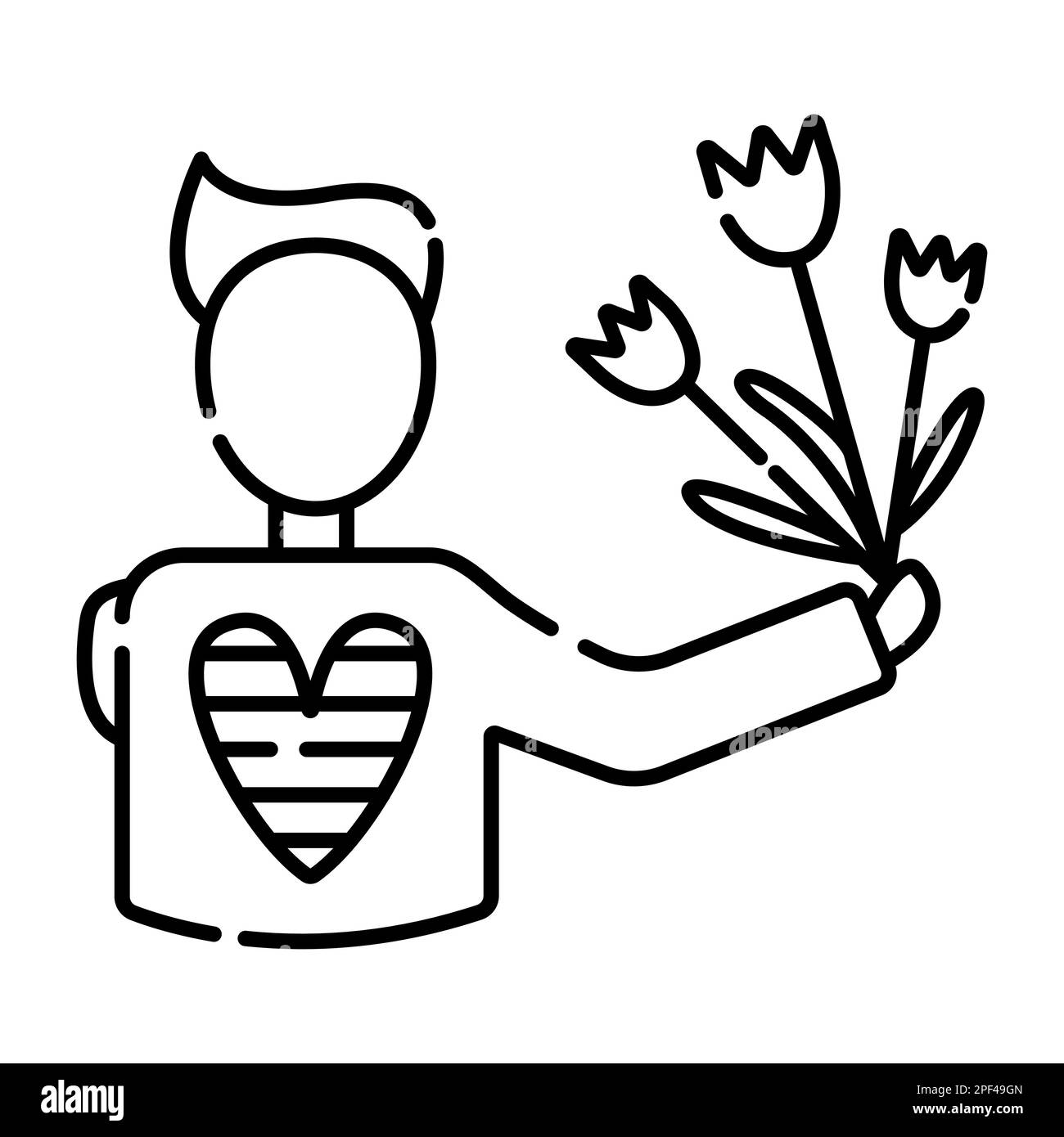 Uomo con fiori, disegno vettoriale a linee nere Illustrazione Vettoriale