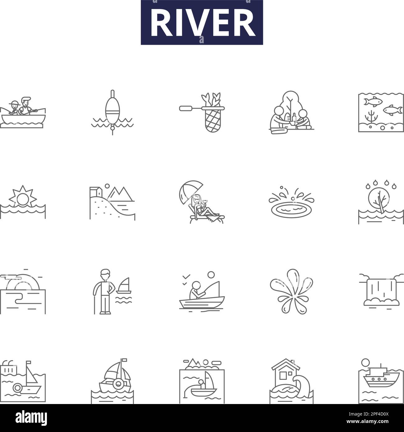 Icone e segni vettoriali della linea del fiume. Stream, Brook, Waterway, Flow, rapide, Creek, Torrent, insieme di illustrazioni vettoriali a contorno tributario Illustrazione Vettoriale