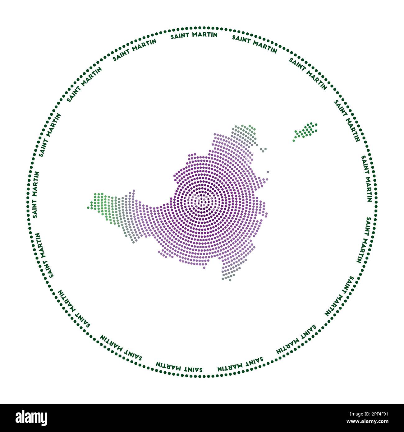 Logo rotondo Saint Martin. Forma in stile digitale di Saint Martin in cerchio punteggiato con il nome dell'isola. Icona tecnologica dell'isola con punti sfumati. Fantastico Illustrazione Vettoriale