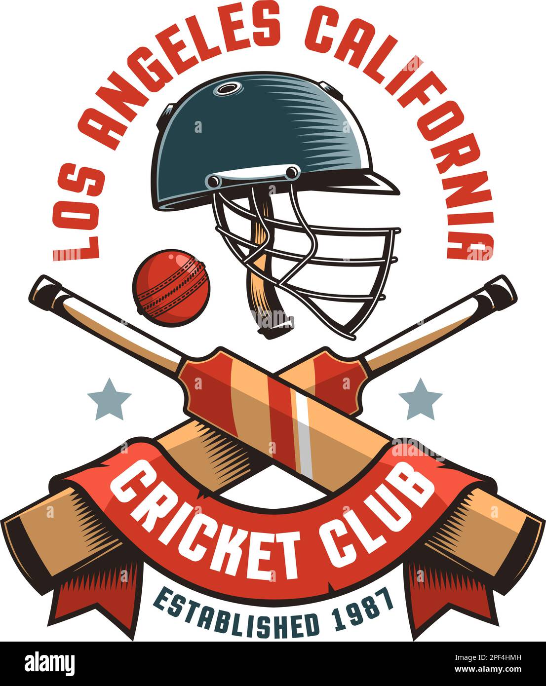 Logo retro Cricket con casco, pipistrelli da cricket e palla Illustrazione Vettoriale