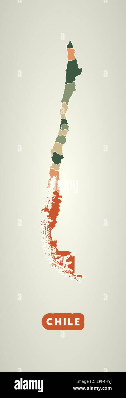 Chile poster in stile retrò. Mappa del paese con regioni in colori autunnali. Forma del Cile con nome del paese. Elegante illustrazione vettoriale. Illustrazione Vettoriale