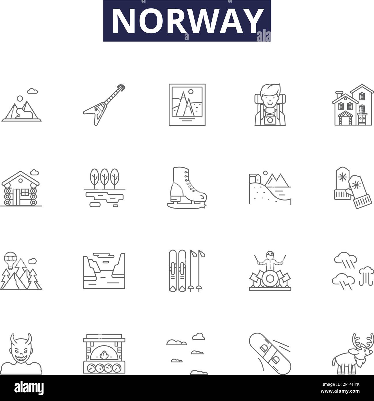 Icone e segni vettoriali per linee norvegesi. travel, scandinavia, montagna, mare, fiordo, paesaggio, natura, acqua contorno vettoriale set di illustrazione Illustrazione Vettoriale