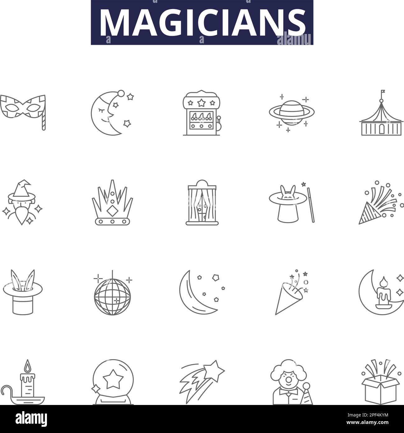 Icone e segni vettoriali di linee maghi. Stregone, illusionista, Mago, Conjuratore, Enchanter, Warlock, Mystic, Charlatan disegno vettoriale Illustrazione Vettoriale