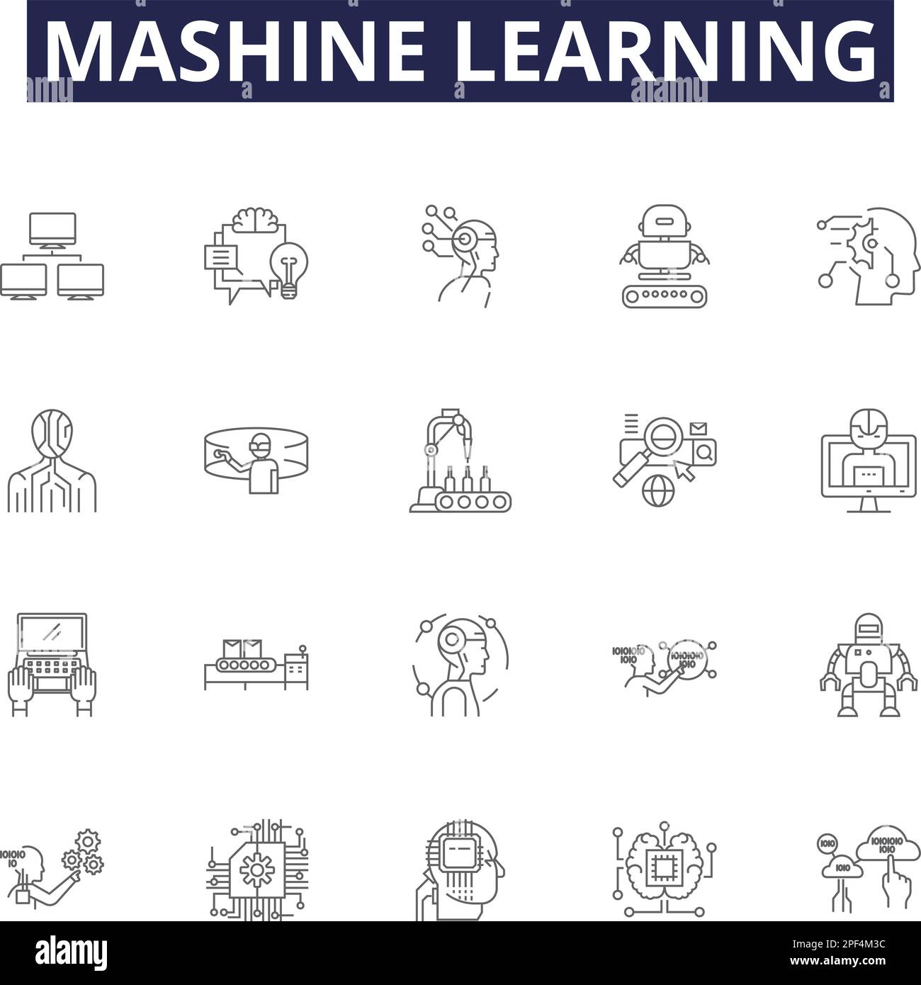 Icone e segni vettoriali della linea di apprendimento di Mashine. apprendimento, artificiale, intelligenza, neurale, reti, vettore di contorno predittivo, profondo e supervisionato Illustrazione Vettoriale
