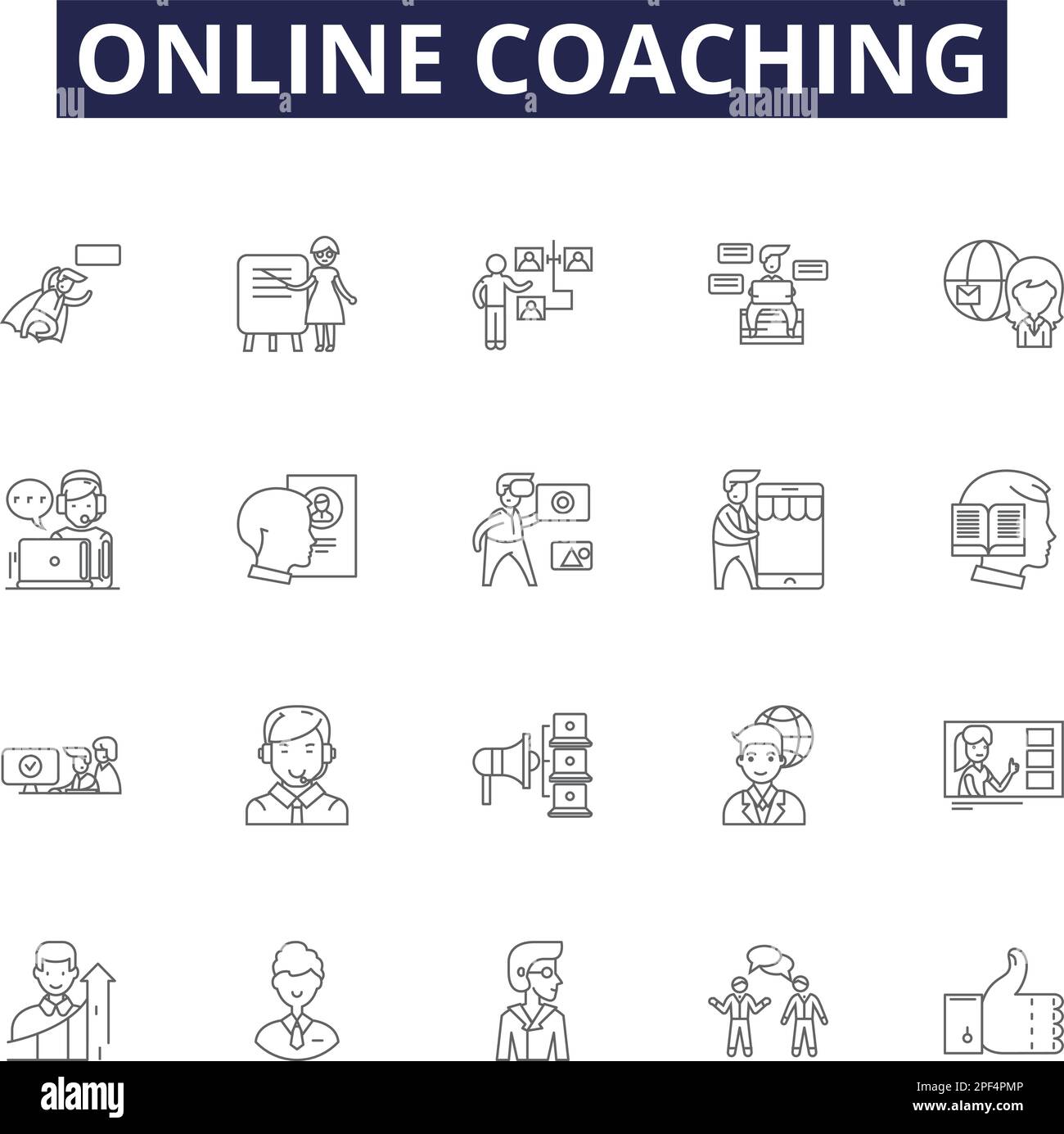 Icone e segni vettore linea di coaching online. coaching, e-learning, tutoring, mentoring, insegnamento, formazione, consultazione, distanza vettore di contorno Illustrazione Vettoriale