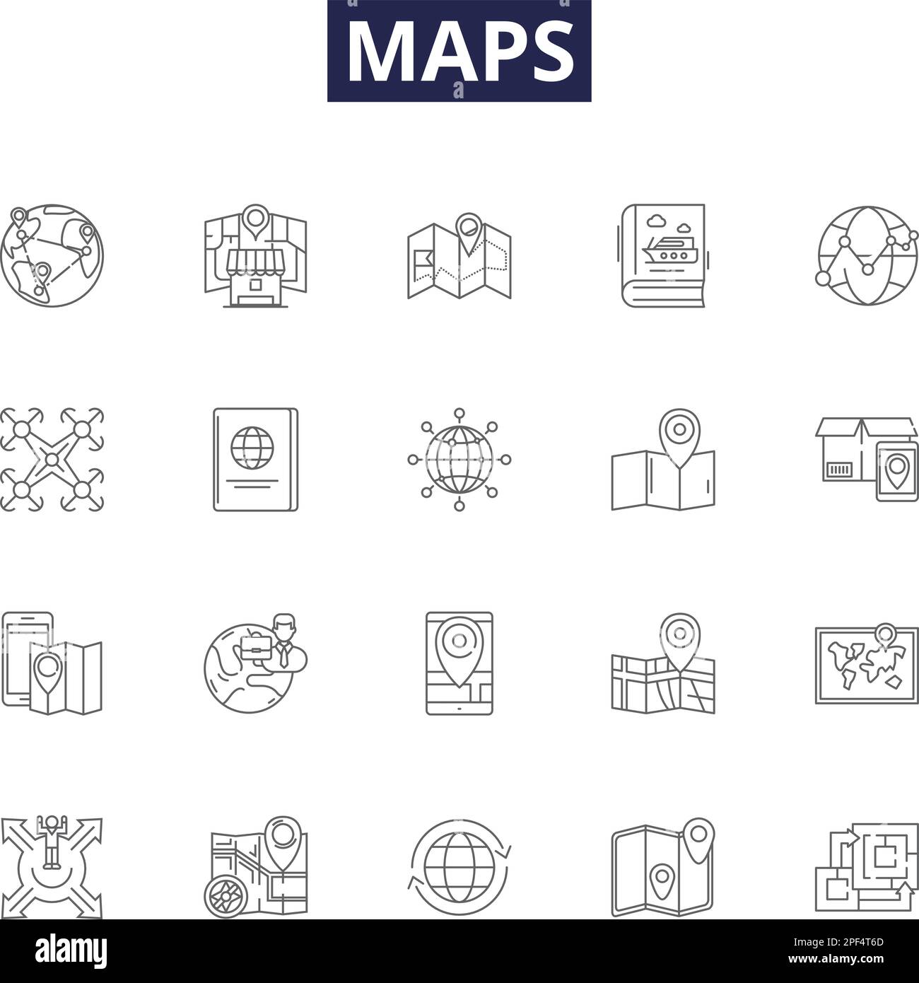 Mappe icone e segni vettoriali. Cartografia, Survey, Atlas, Topografia, Bussola, Navigazione, indicazioni, illustrazione vettoriale di contorno Apronautico Illustrazione Vettoriale