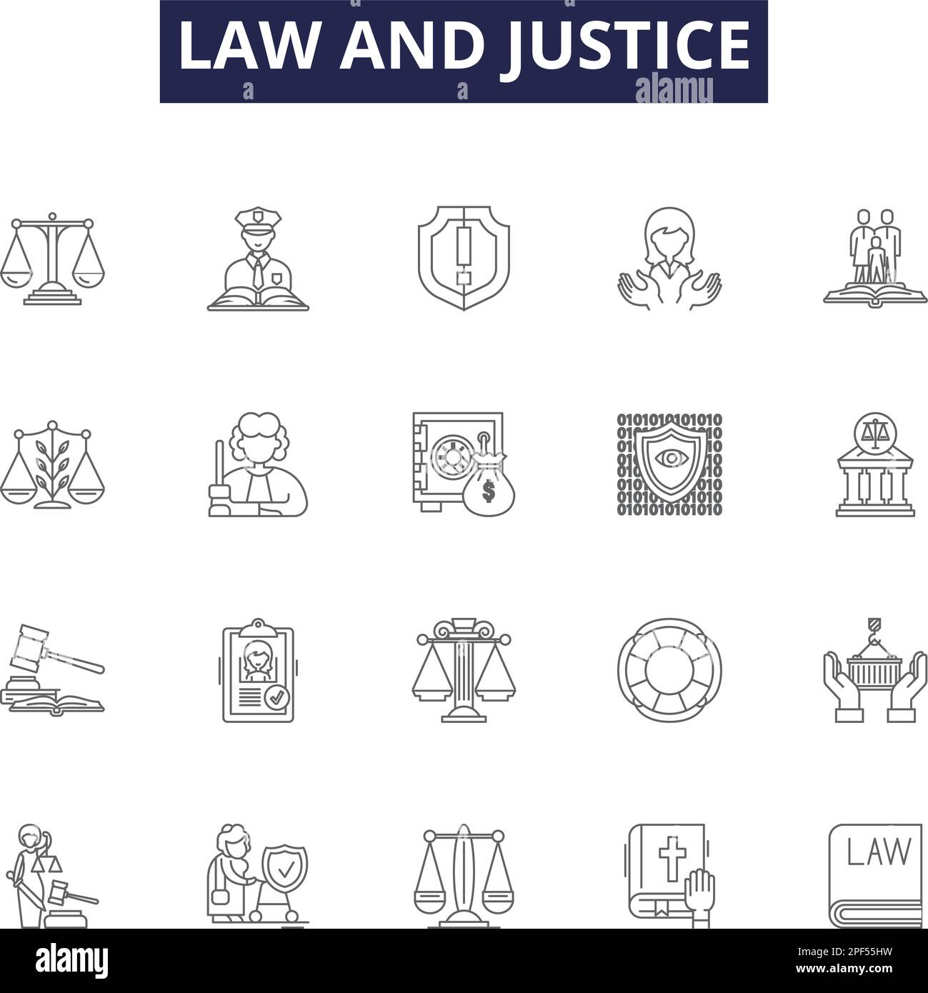 Icone e segni vettoriali di legge e di giustizia. Giustizia, processi, tribunali, giurisdizione, condanna, Advocacy, legislazione, contratti delineano vettore Illustrazione Vettoriale