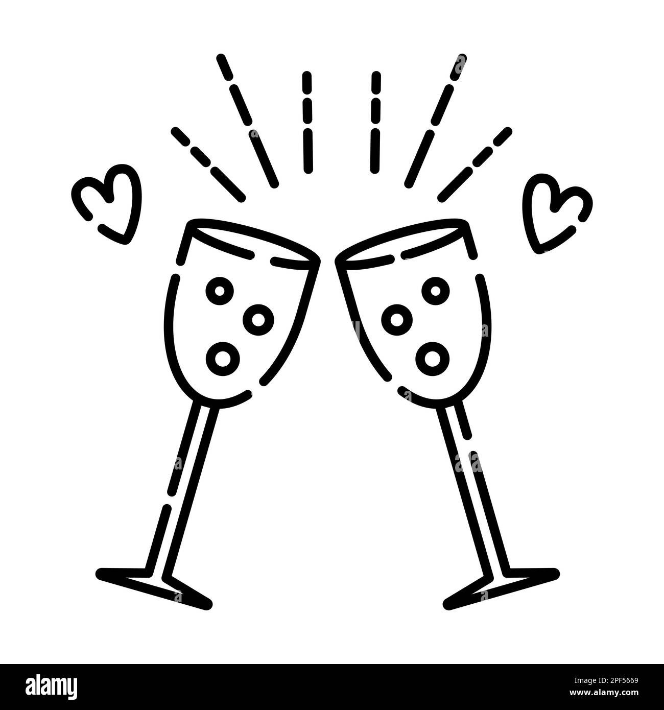 Due bicchieri con vino frizzante, immagine vettoriale a linea nera Illustrazione Vettoriale