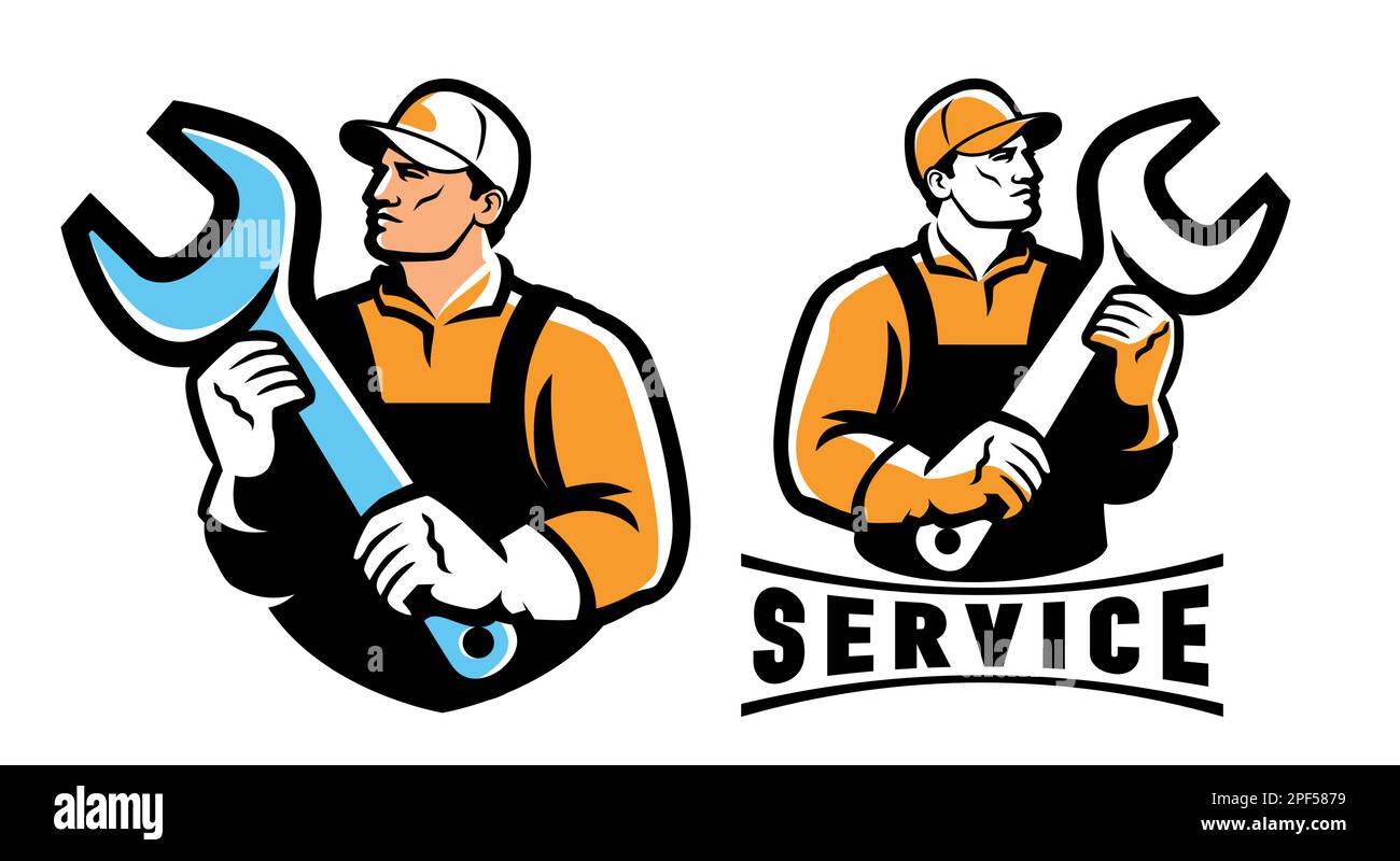 Meccanico, costruttore o ingegnere con utensile a chiave. Logo del servizio. Emblema per lavori di costruzione. Illustrazione vettoriale Illustrazione Vettoriale