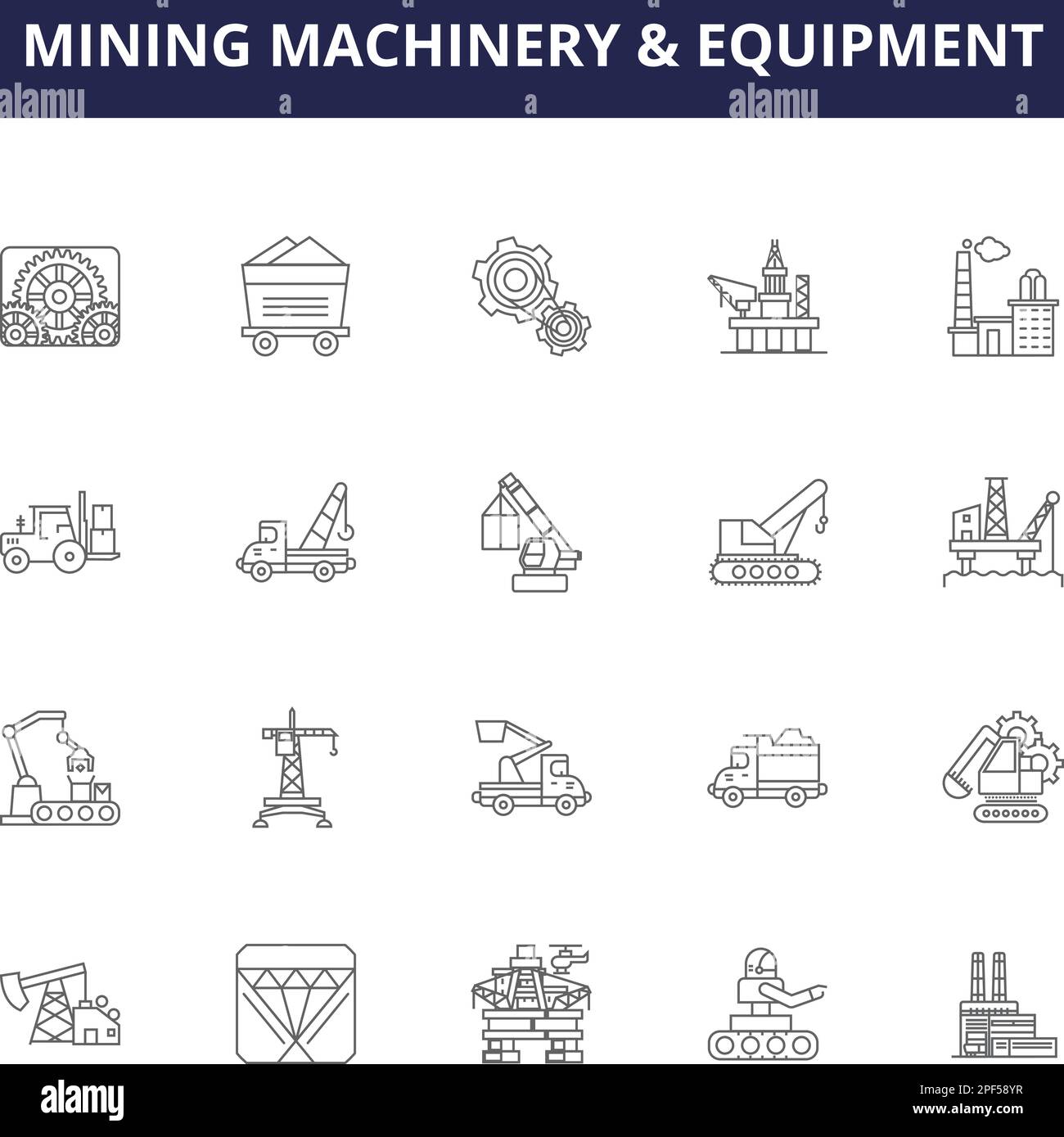 Icone e cartelli vettoriali per linee di macchinari e attrezzature minerarie. Macchine, Attrezzature, escavatore, paraurti, apripista, Vettore di contorno pala, trapano, frantumatore Illustrazione Vettoriale