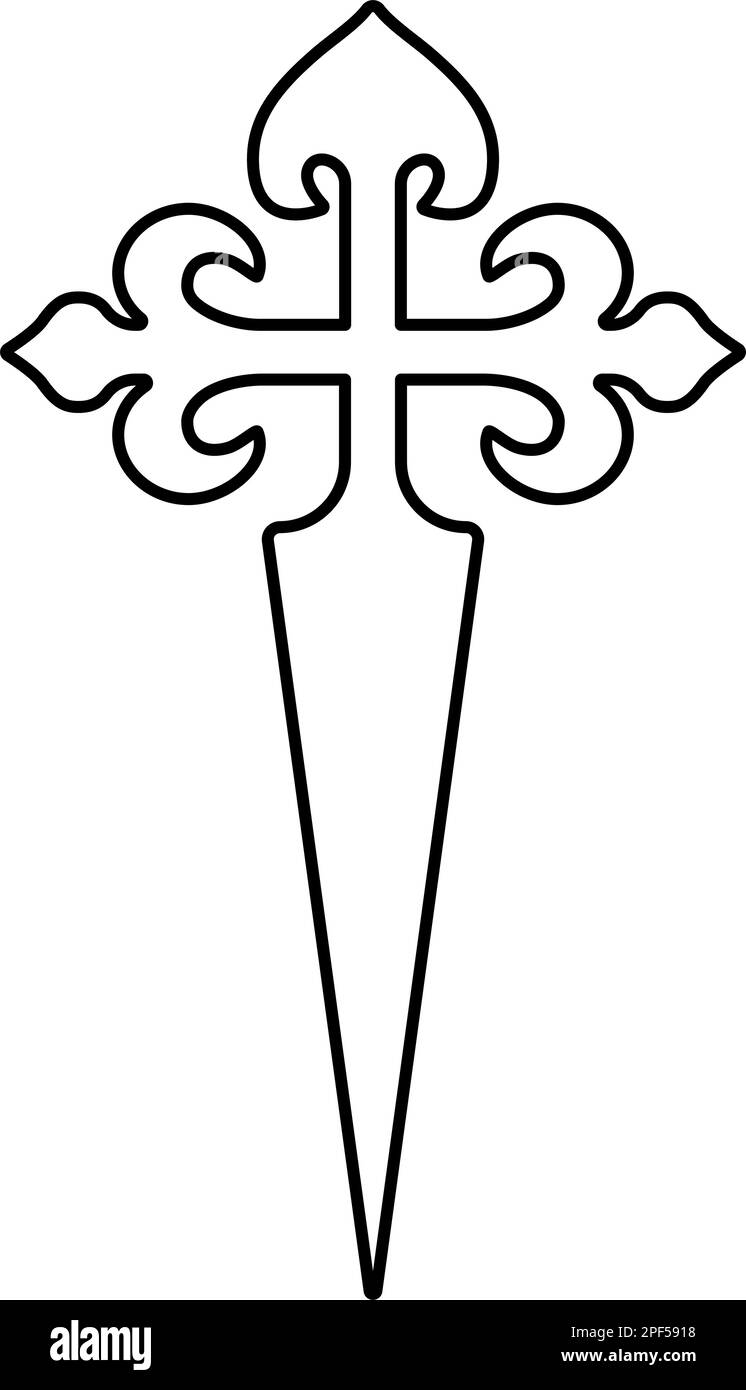 Icona simbolo croce Camino de Santiago. Croce di San Giacomo. Illustrazione del vettore piatto in linea Illustrazione Vettoriale