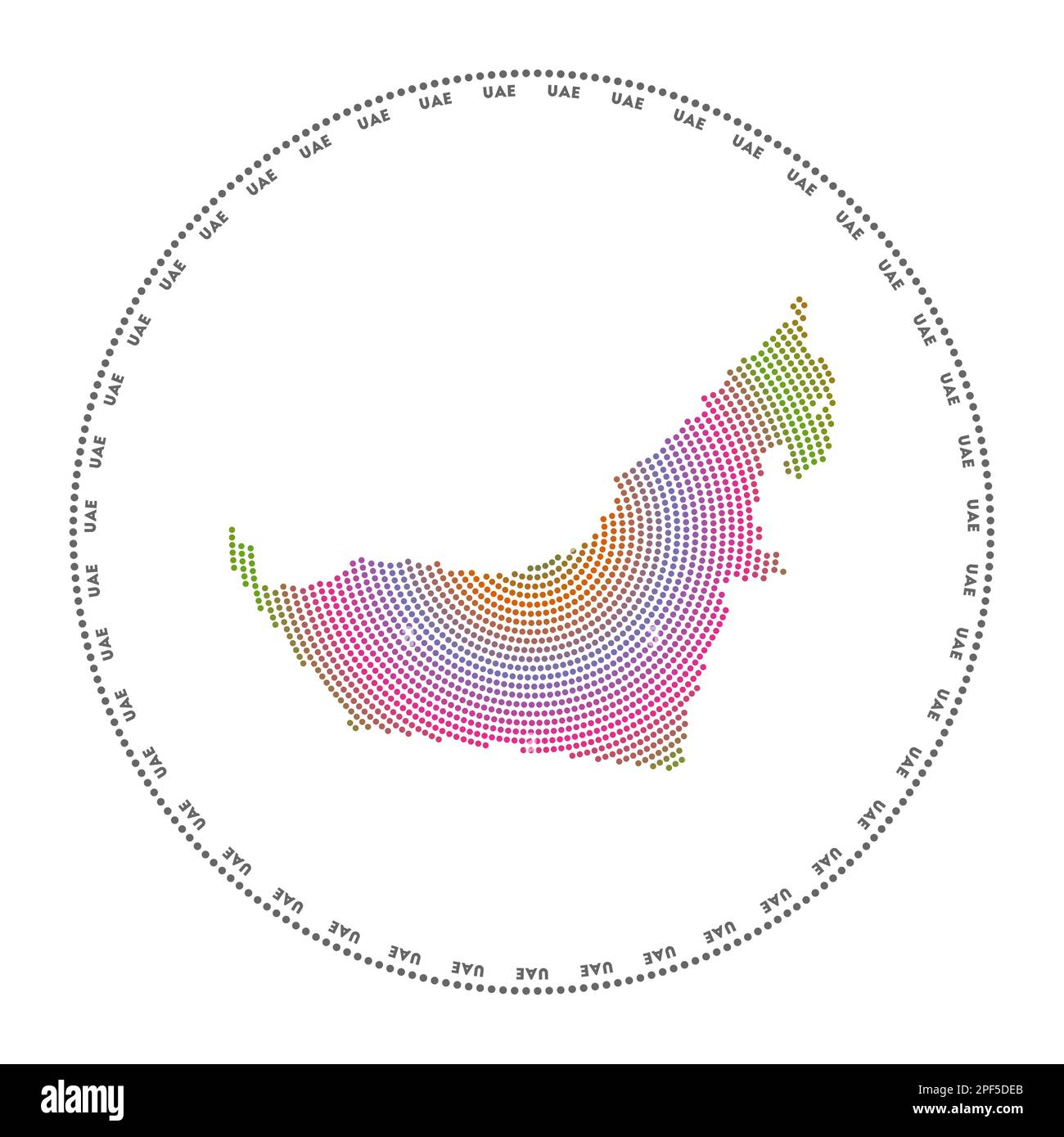 Logo rotondo degli Emirati Arabi Uniti. Forma digitale degli Emirati Arabi Uniti in cerchio punteggiato con il nome del paese. Icona tecnologica del paese con punti graduati. Illustrazione Vettoriale