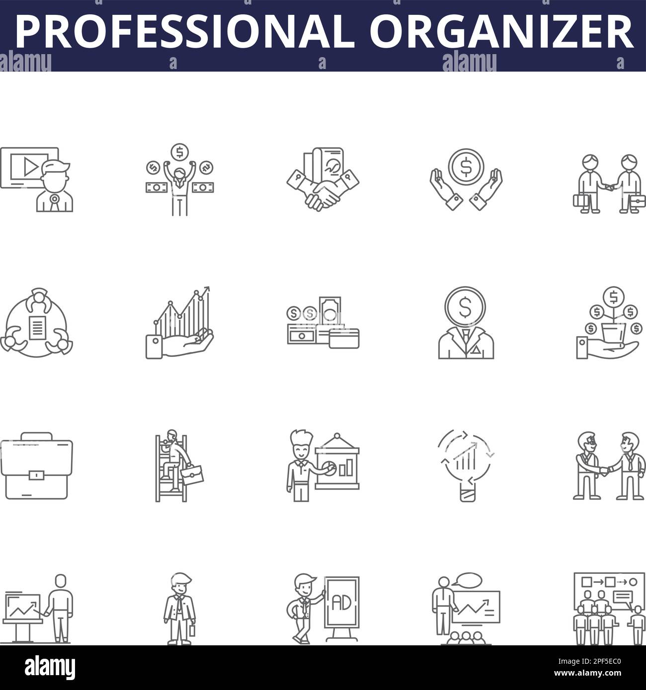 Icone e cartelli vettoriali per linee organizzative professionali. Organizer-Professional, pianificatore, declutter, sistemate, assegnate priorità, pianificazione, organizzazione, mantenimento della traccia Illustrazione Vettoriale