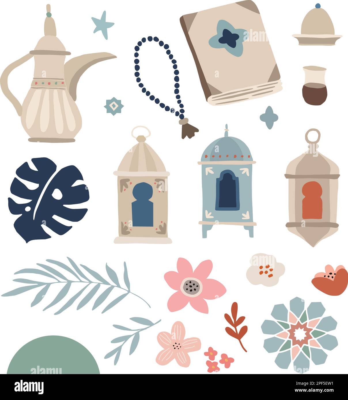 Set di illustrazioni disegnate a mano per le vacanze Ramadan Kareem. Islam, concetto di religione musulmana. Oggetti vettoriali isolati. Corano, perline di preghiera e palma Illustrazione Vettoriale