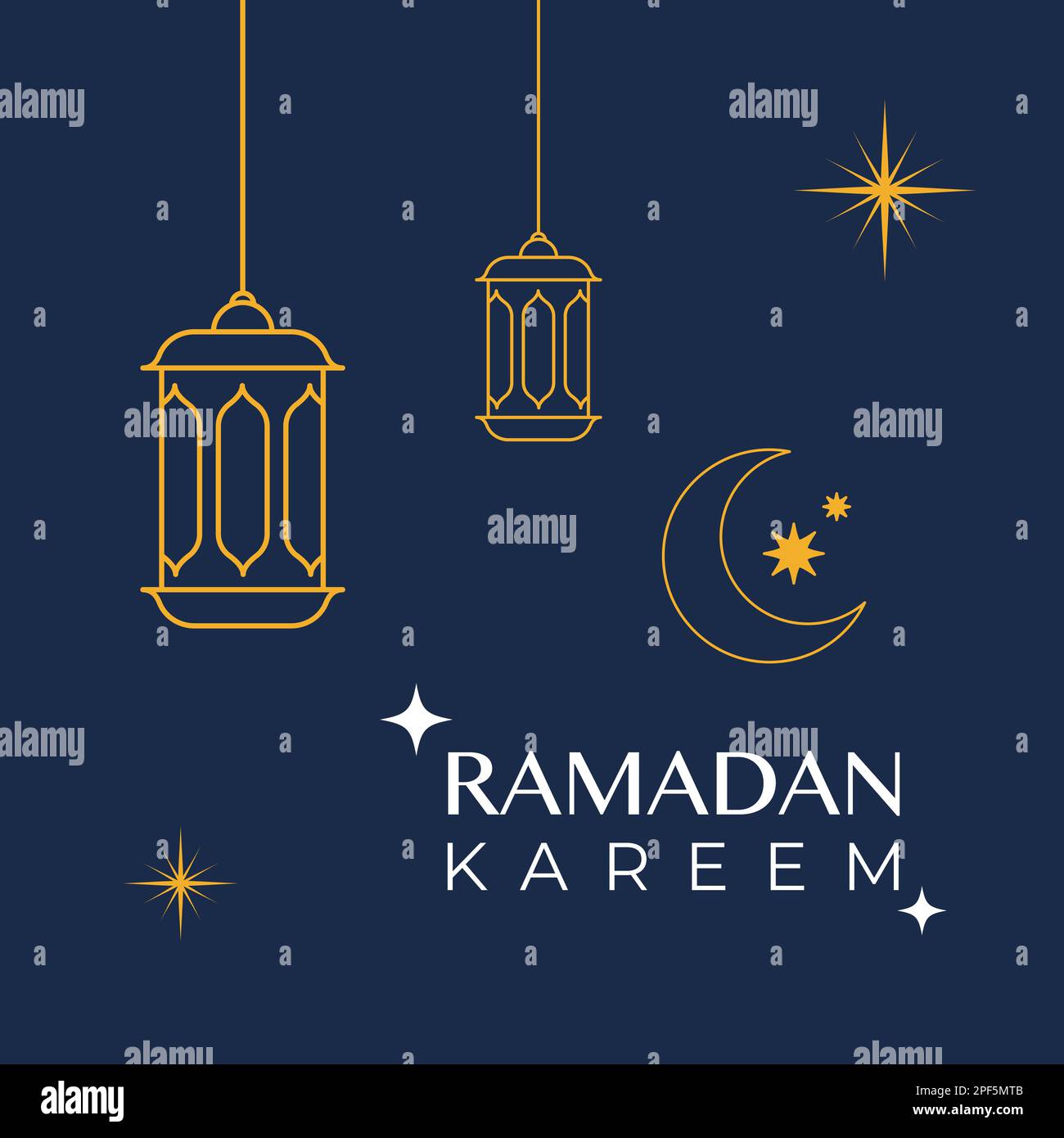 Ramadan Kareem. Biglietto d'auguri con lampade a filo sospeso. Illustrazione vettoriale, design piatto Illustrazione Vettoriale