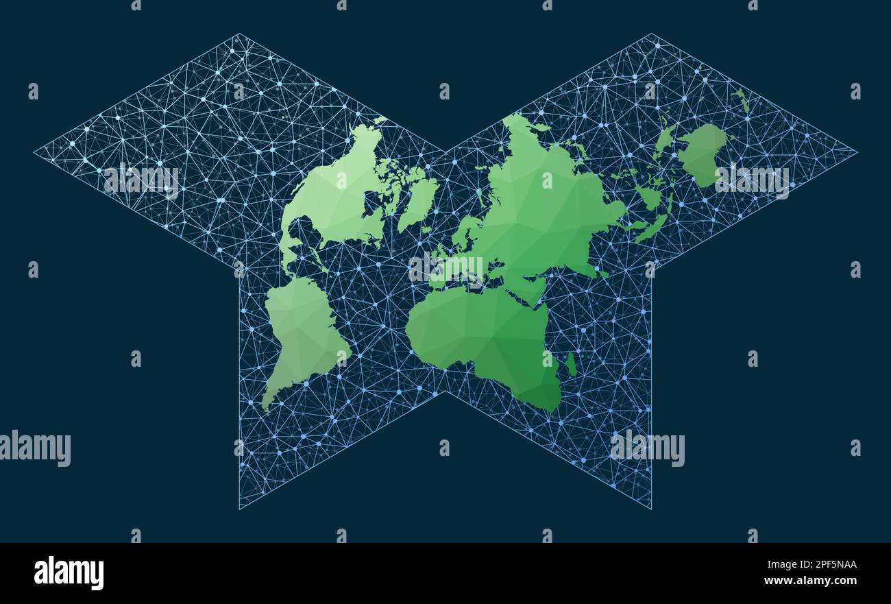 Mappa delle comunicazioni del mondo. Proiezione farfalla poliedrica. Mappa verde a basso contenuto di poli con sfondo di rete. Illustrazione Vettoriale