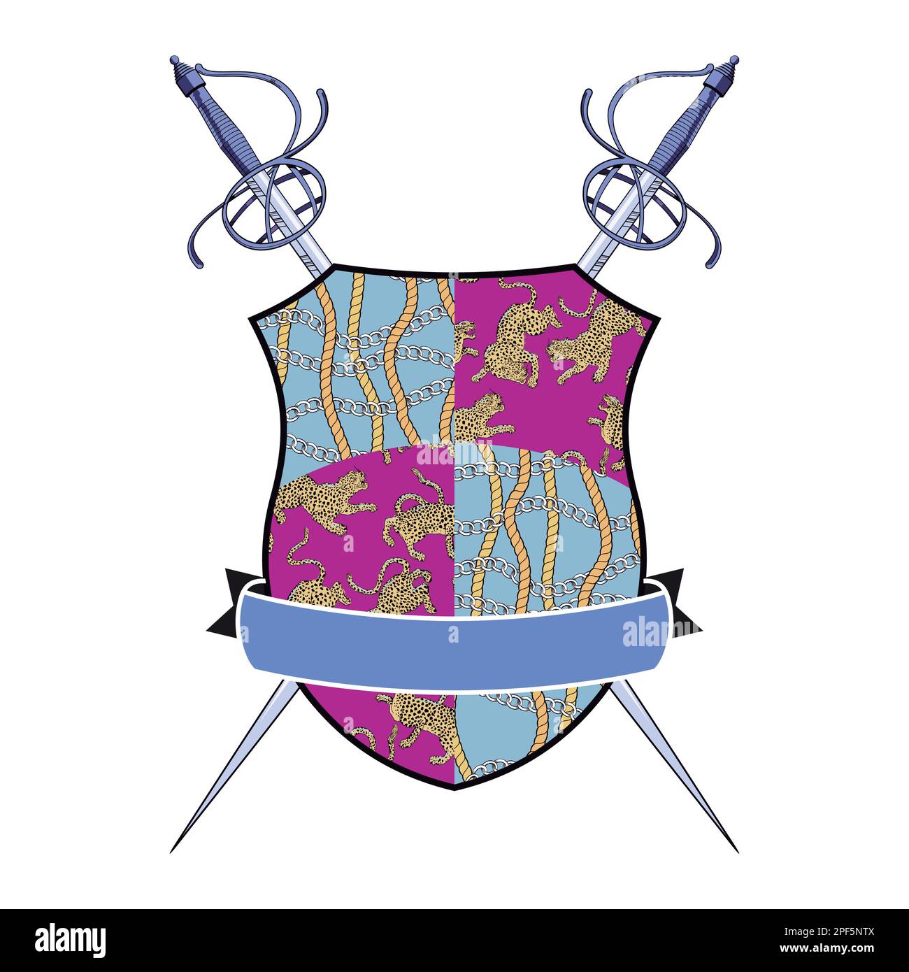 Disegno per una t-shirt di uno stemma con decorazioni a stampa animale e corde con catene. Illustrazione Vettoriale
