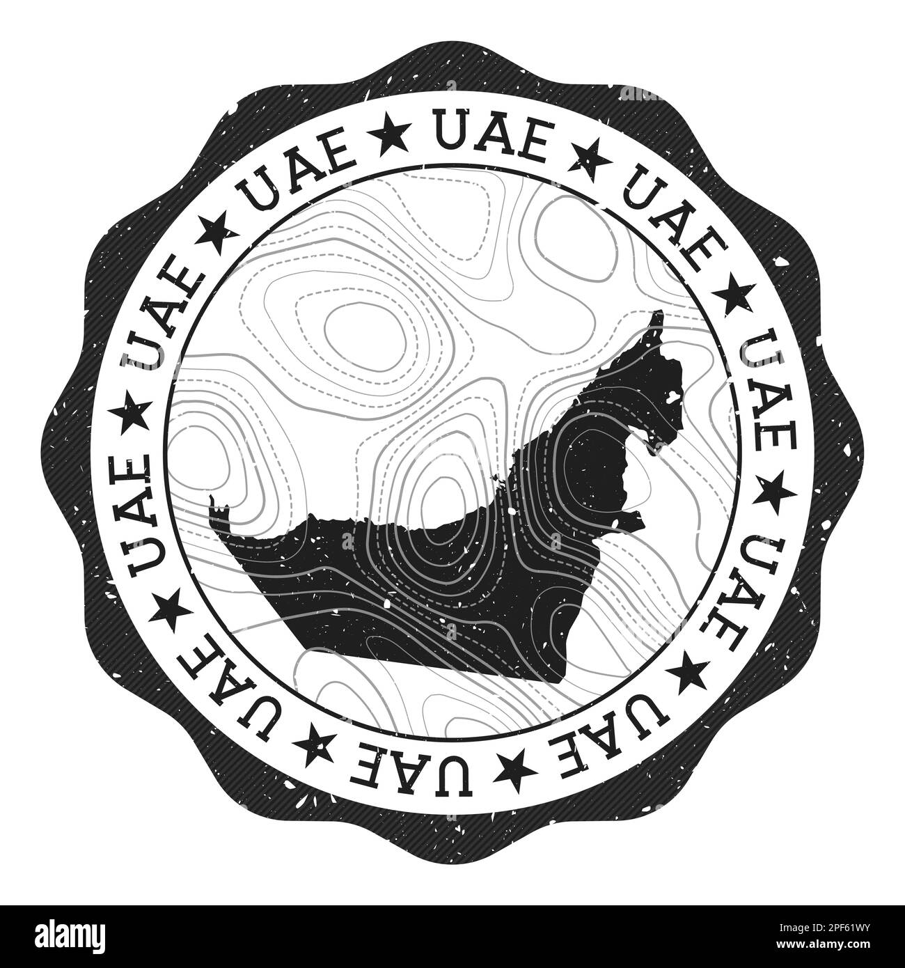 Francobollo per esterni degli Emirati Arabi Uniti Adesivo rotondo con mappa del paese con isoline topografiche. Illustrazione vettoriale. Illustrazione Vettoriale