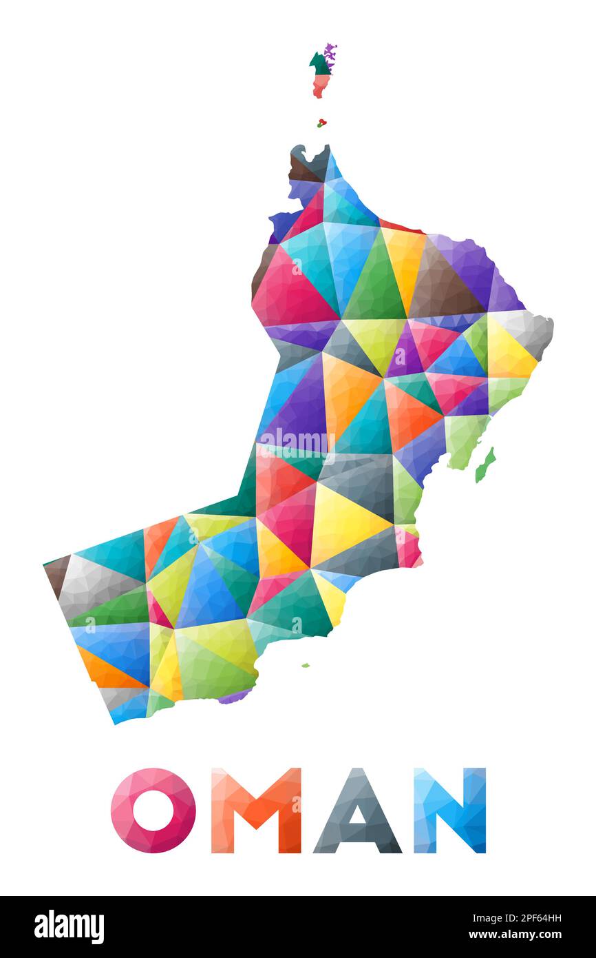 Oman - colorato basso poly forma paese. Triangoli geometrici multicolore. Design moderno e alla moda. Illustrazione vettoriale. Illustrazione Vettoriale
