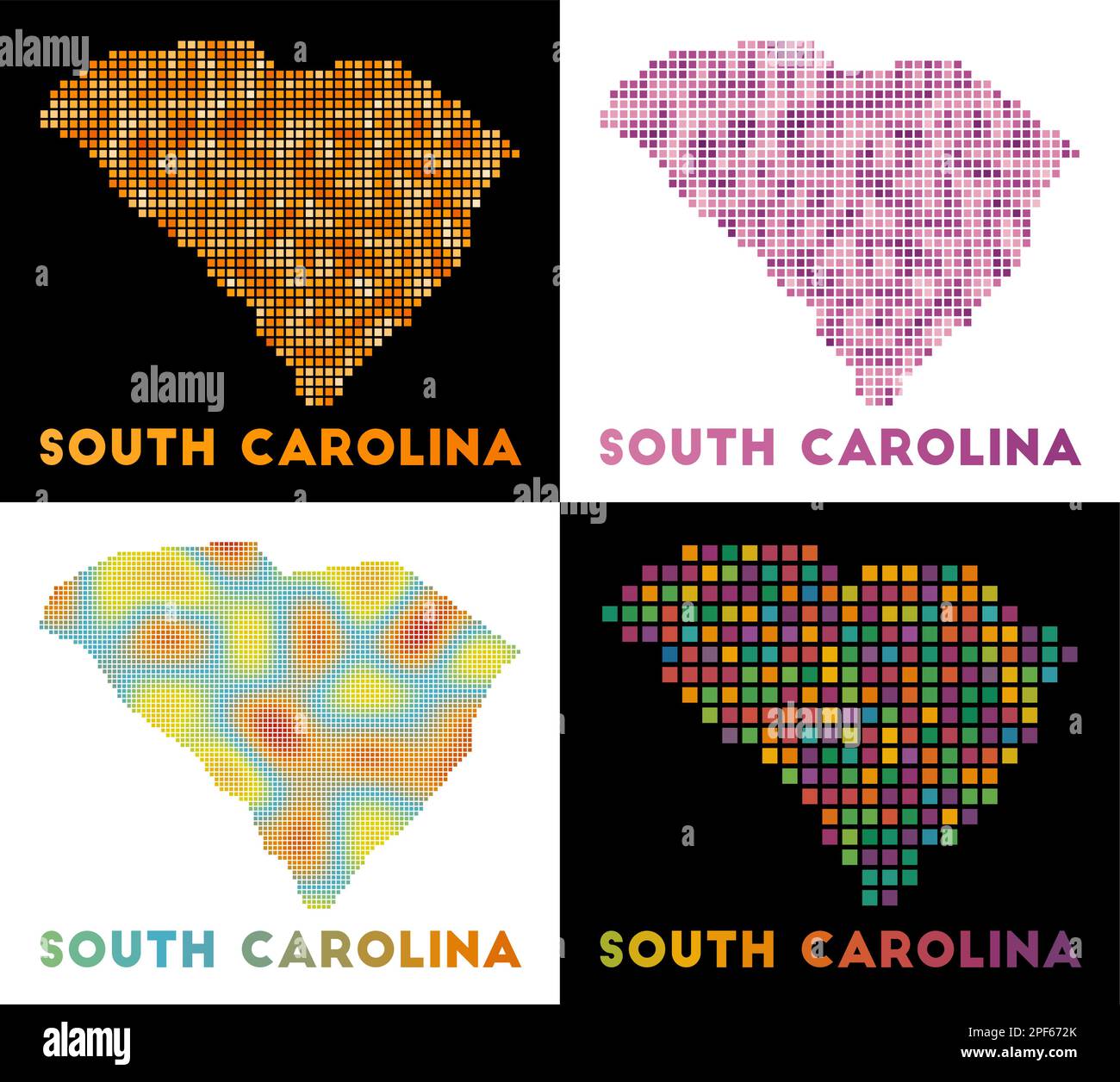 Mappa della Carolina del Sud. Collezione di mappe del South Carolina in stile punteggiato. Bordi dello stato degli Stati Uniti riempiti di rettangoli per il progetto. Illustrazione Vettoriale