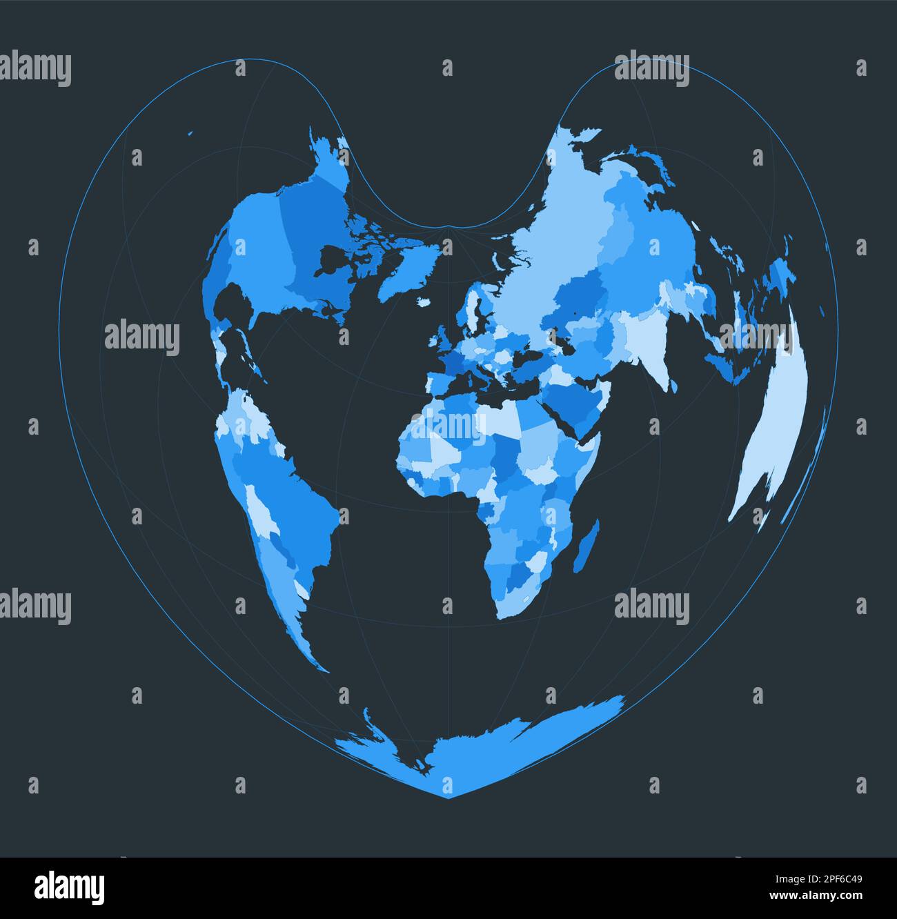 Mappa del mondo. Proiezione pseudoconica di area uguale Bonne. Illustrazione futuristica del mondo per la vostra infografica. Bella tavolozza di colori blu. Freddo illust vettore Illustrazione Vettoriale