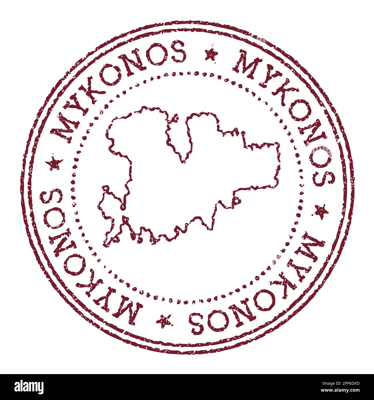 Impronta di gomma rotonda di Mykonos con mappa dell'isola. Timbro passaporto rosso vintage con testo circolare e stelle, illustrazione vettoriale. Illustrazione Vettoriale