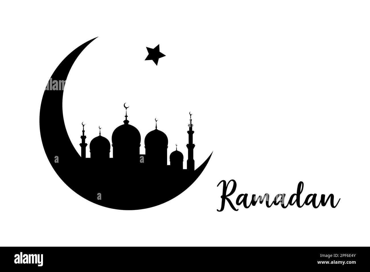 Concetto Ramadan a forma di luna crescente con moschea araba islamica per il mese Santo della celebrazione della comunità musulmana, vettore silhouette nera iso Illustrazione Vettoriale